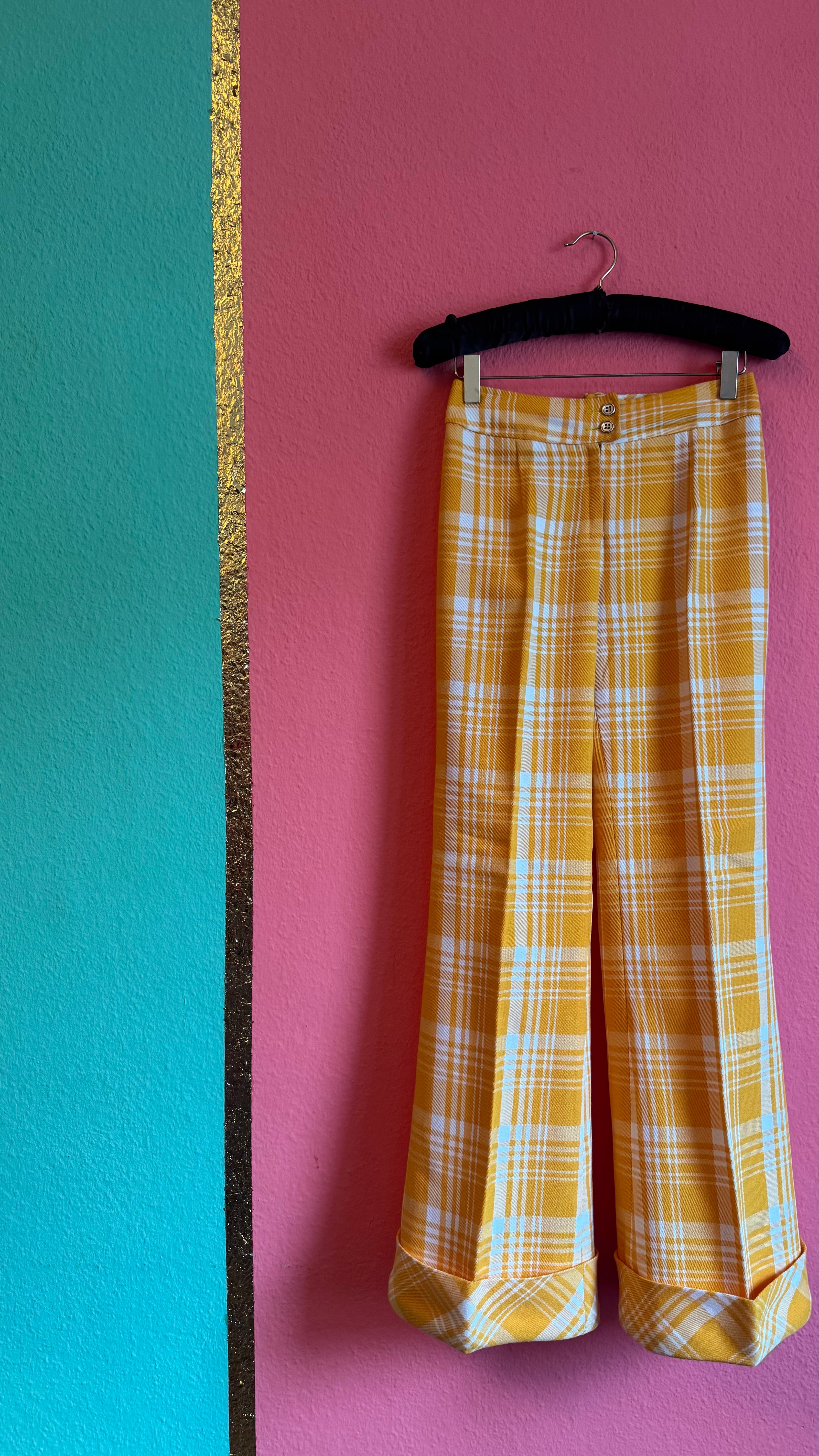Vintage 1970s Yellow Plaid Wide-Leg Trousers