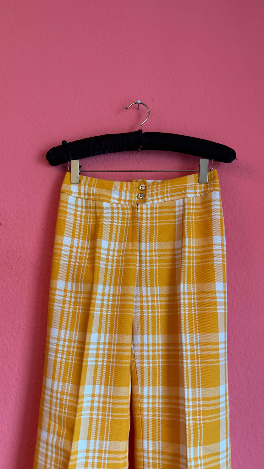 Vintage 1970s Yellow Plaid Wide-Leg Trousers