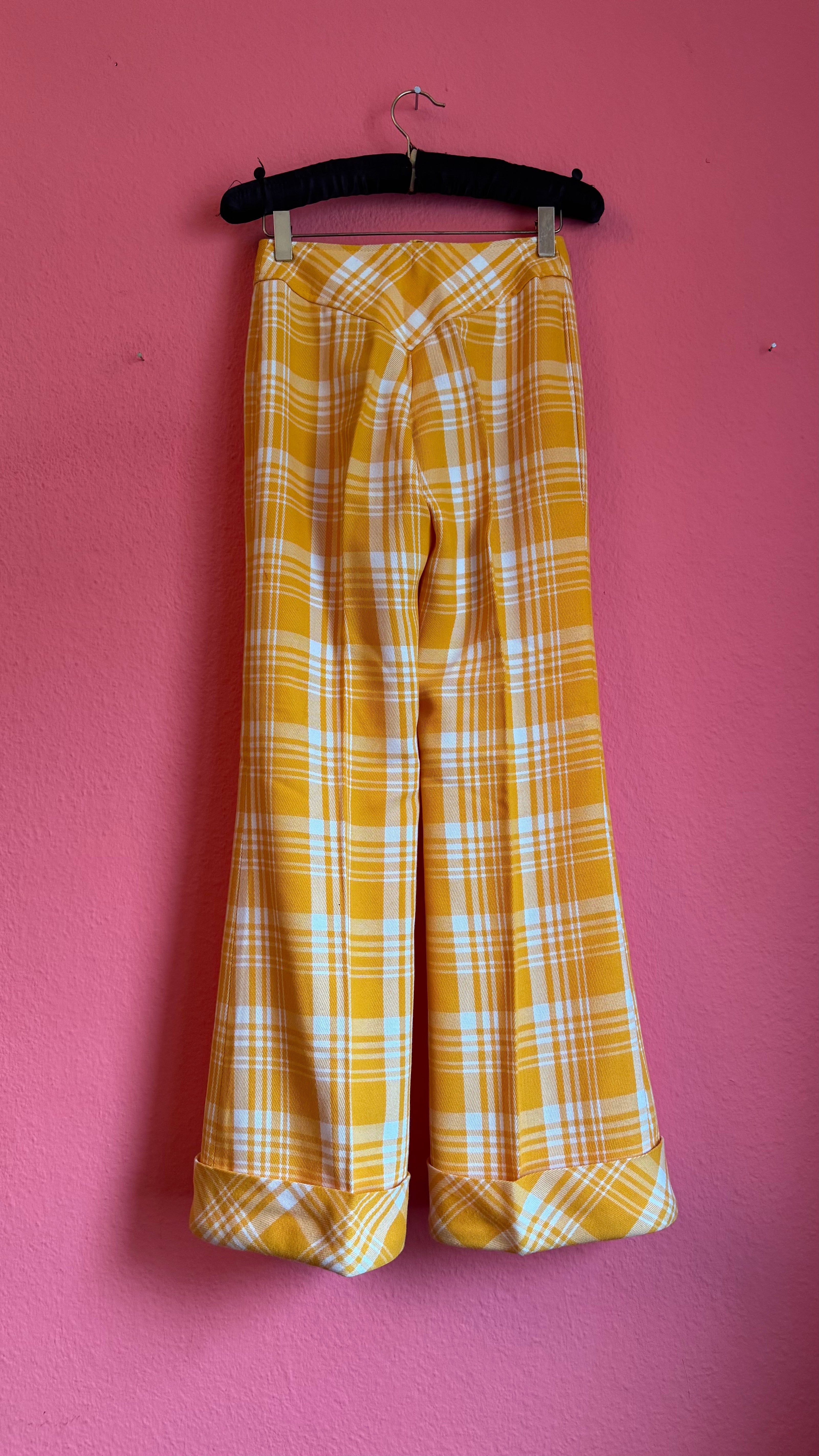Vintage 1970s Yellow Plaid Wide-Leg Trousers