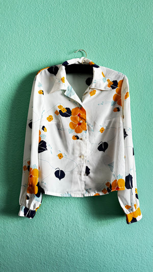 Vintage Women’s Floral Print Blouse – White Long Sleeve Retro Button-Up Top