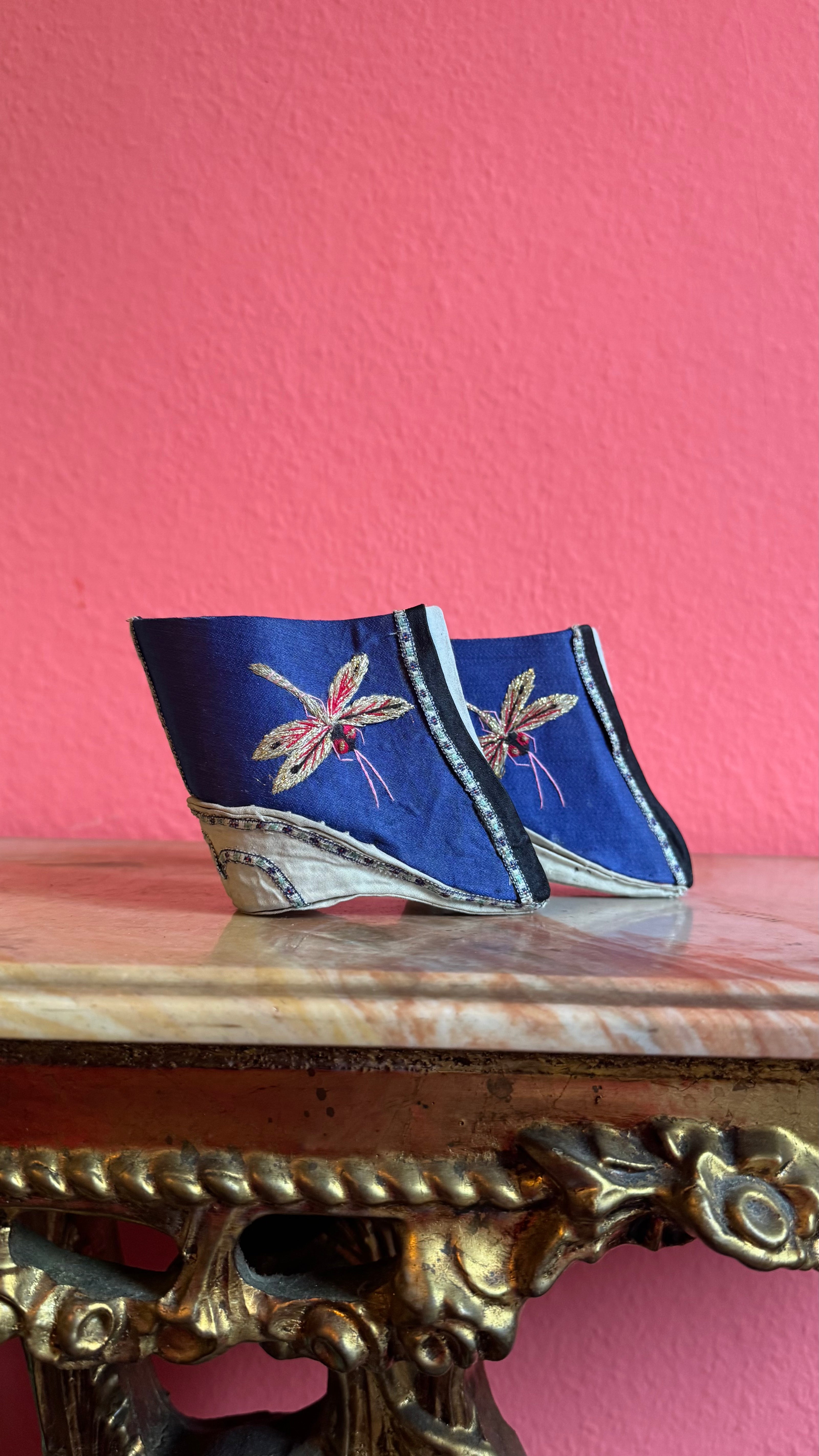 Vintage Chinese Lotus Shoes With Blue Silk Embroidery