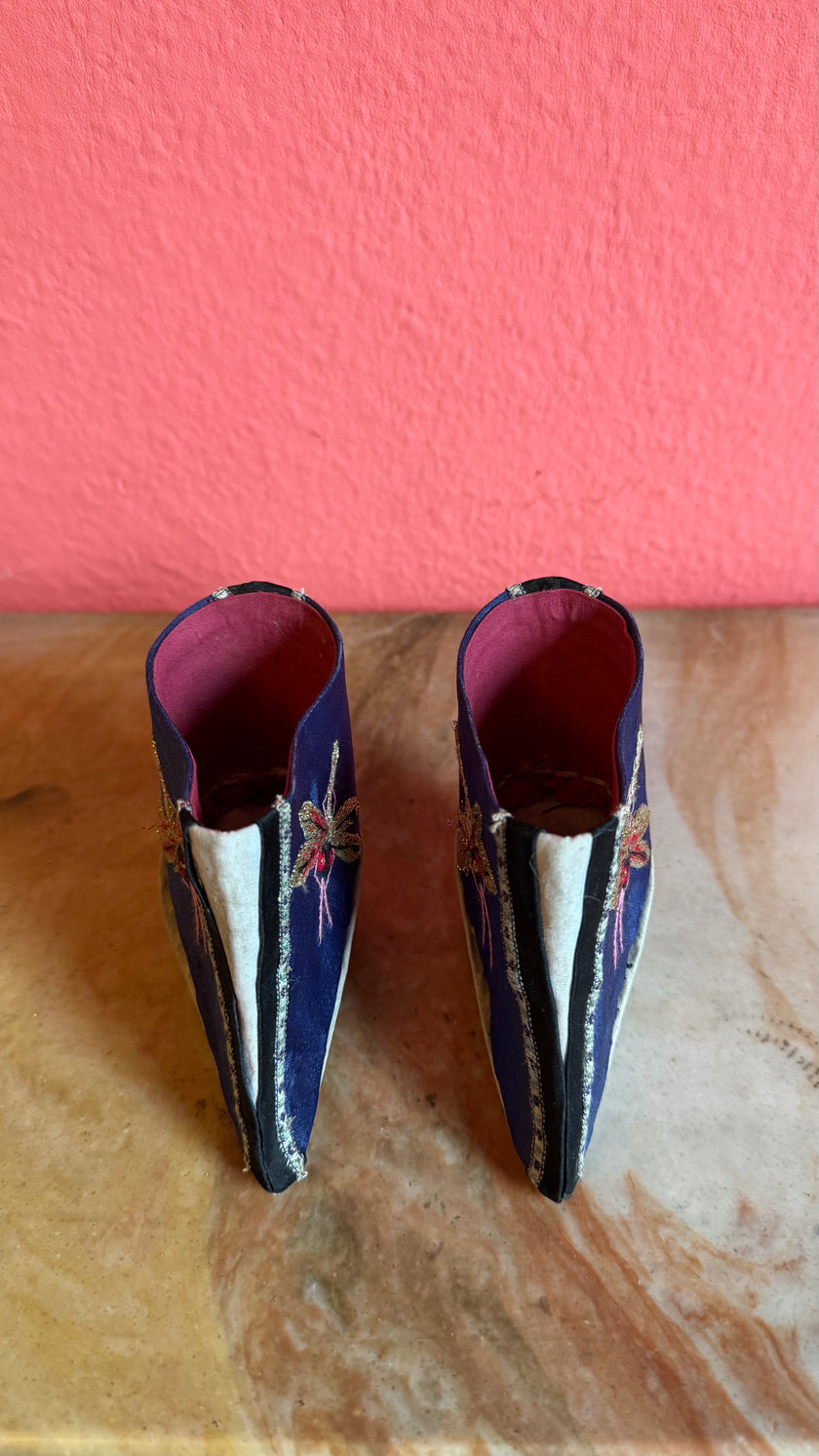 Vintage Chinese Lotus Shoes With Blue Silk Embroidery
