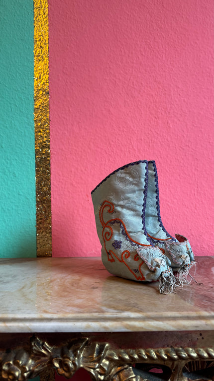 Vintage Chinese Lotus Shoes With Pale Blue Embroidery