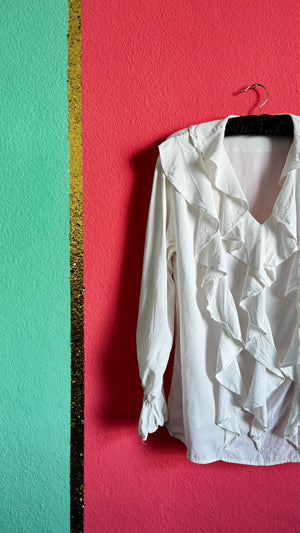 Vintage White Ruffle Blouse – Romantic Long Sleeve V-Neck Top