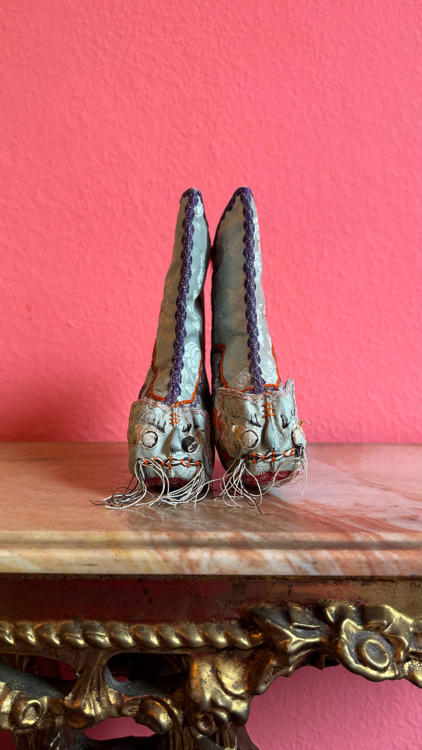 Vintage Chinese Lotus Shoes With Pale Blue Embroidery