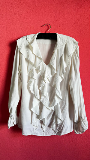 Vintage White Ruffle Blouse – Romantic Long Sleeve V-Neck Top