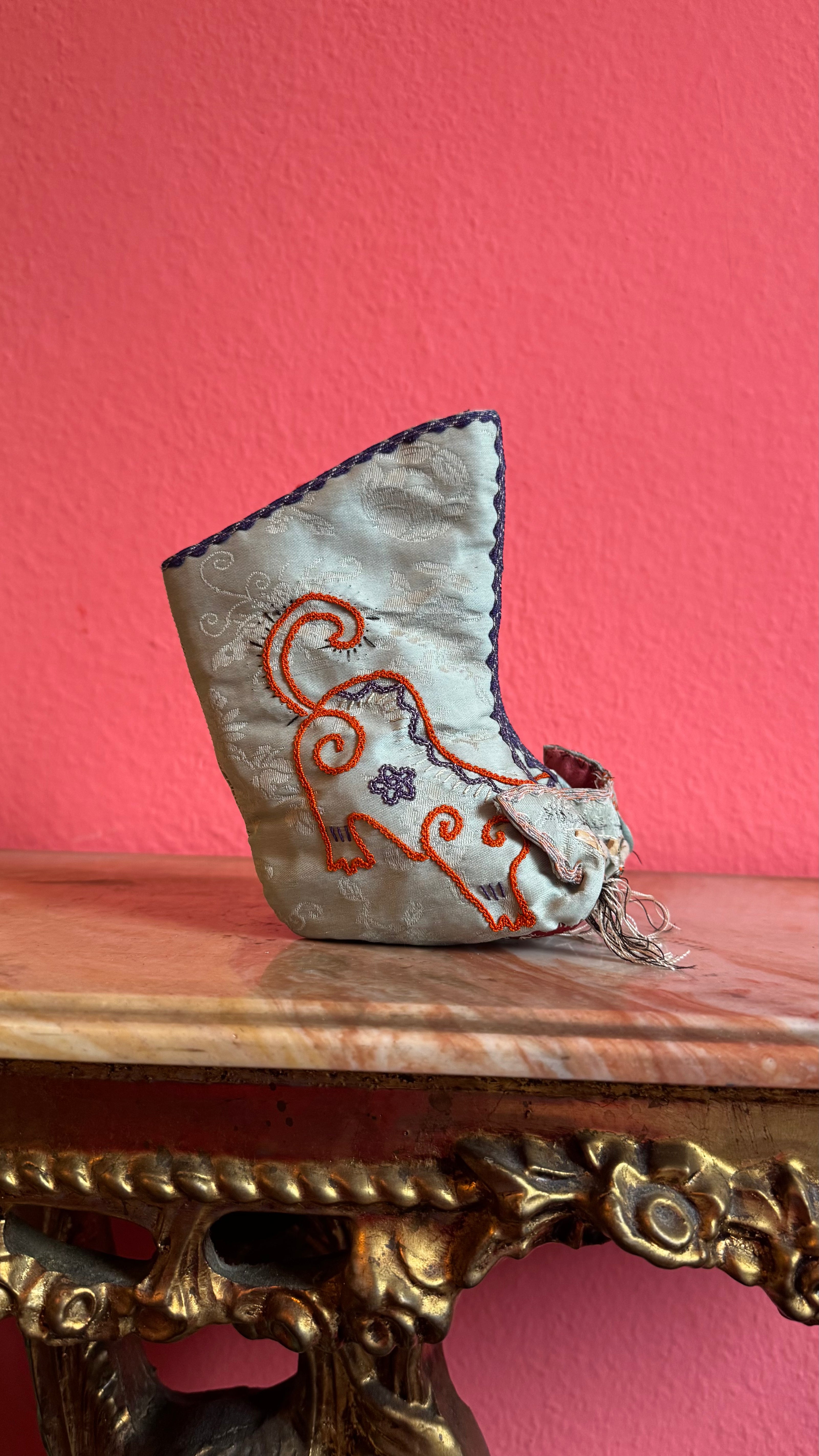 Vintage Chinese Lotus Shoes With Pale Blue Embroidery