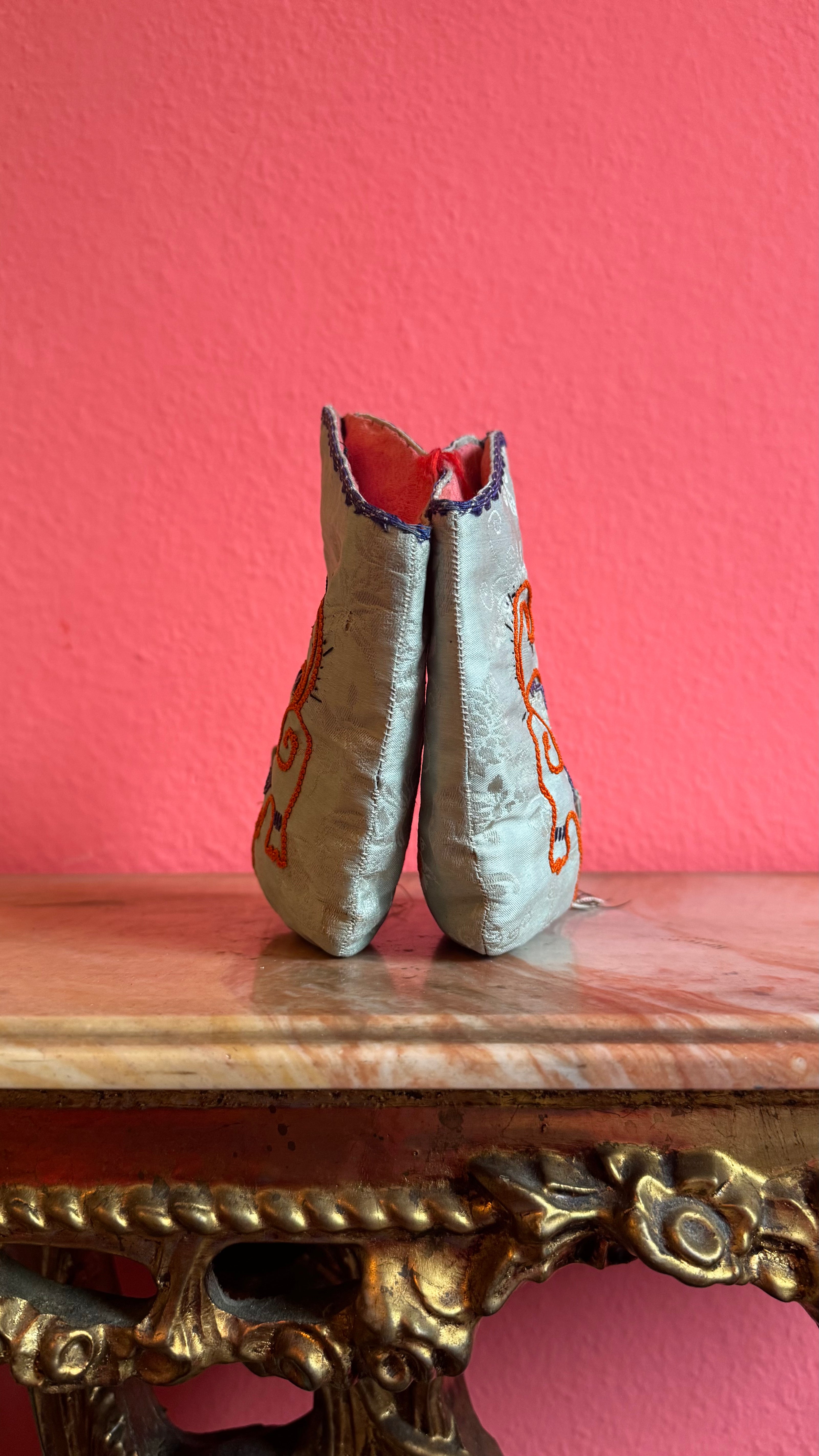 Vintage Chinese Lotus Shoes With Pale Blue Embroidery