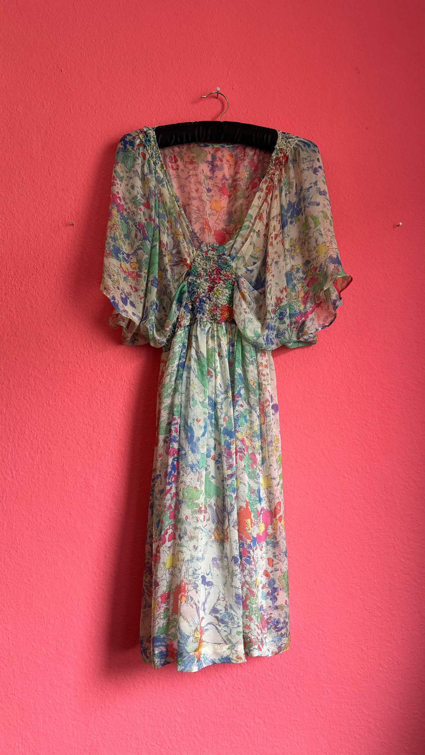 Vintage 1970s Sheer Silk Floral Dress