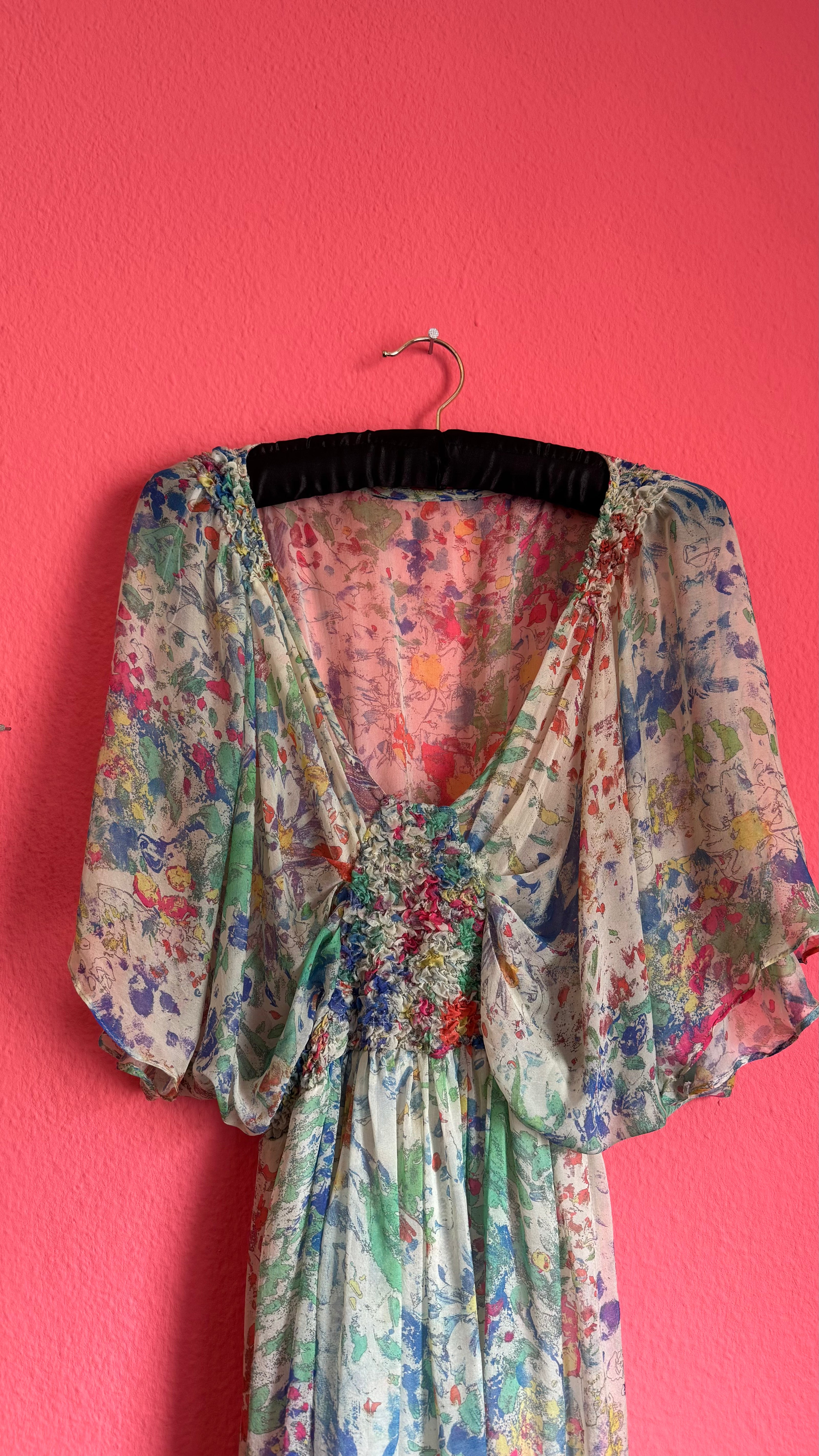 Vintage 1970s Sheer Silk Floral Dress