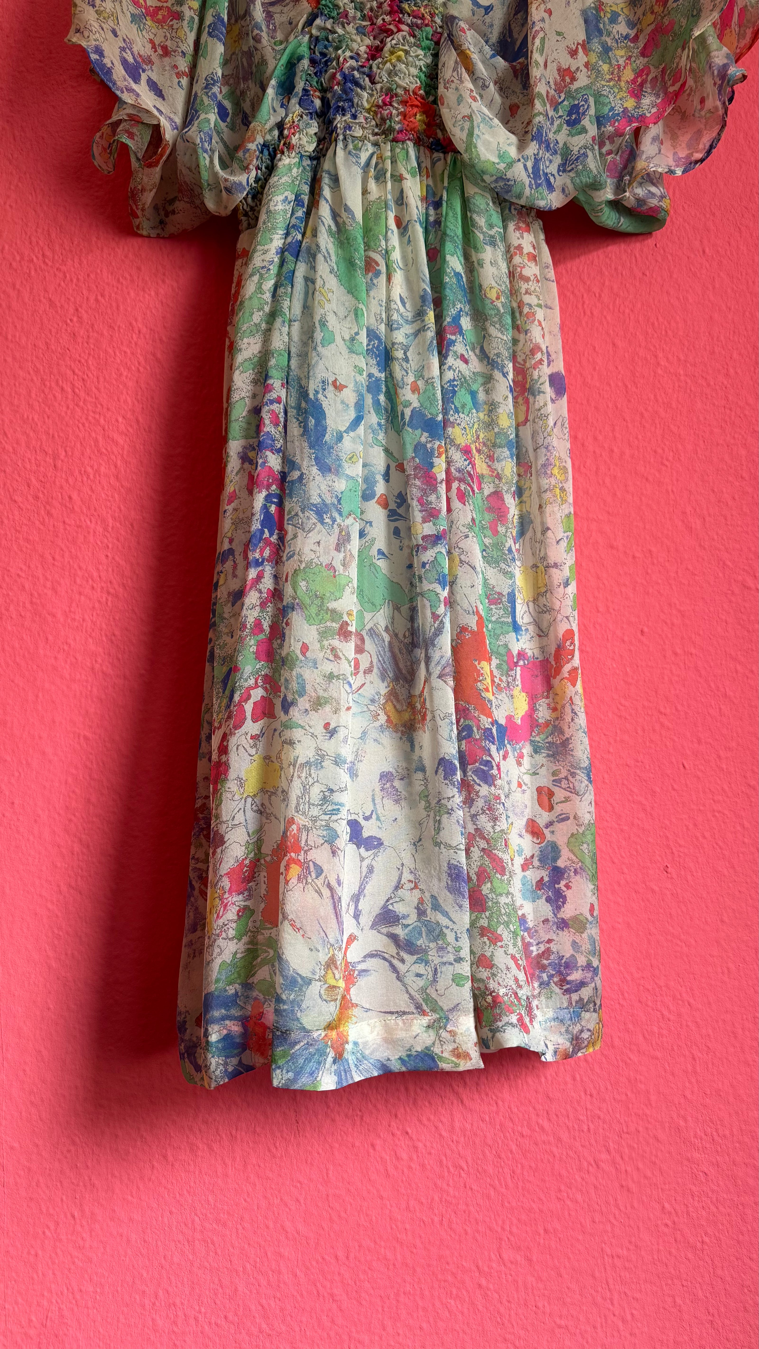 Vintage 1970s Sheer Silk Floral Dress