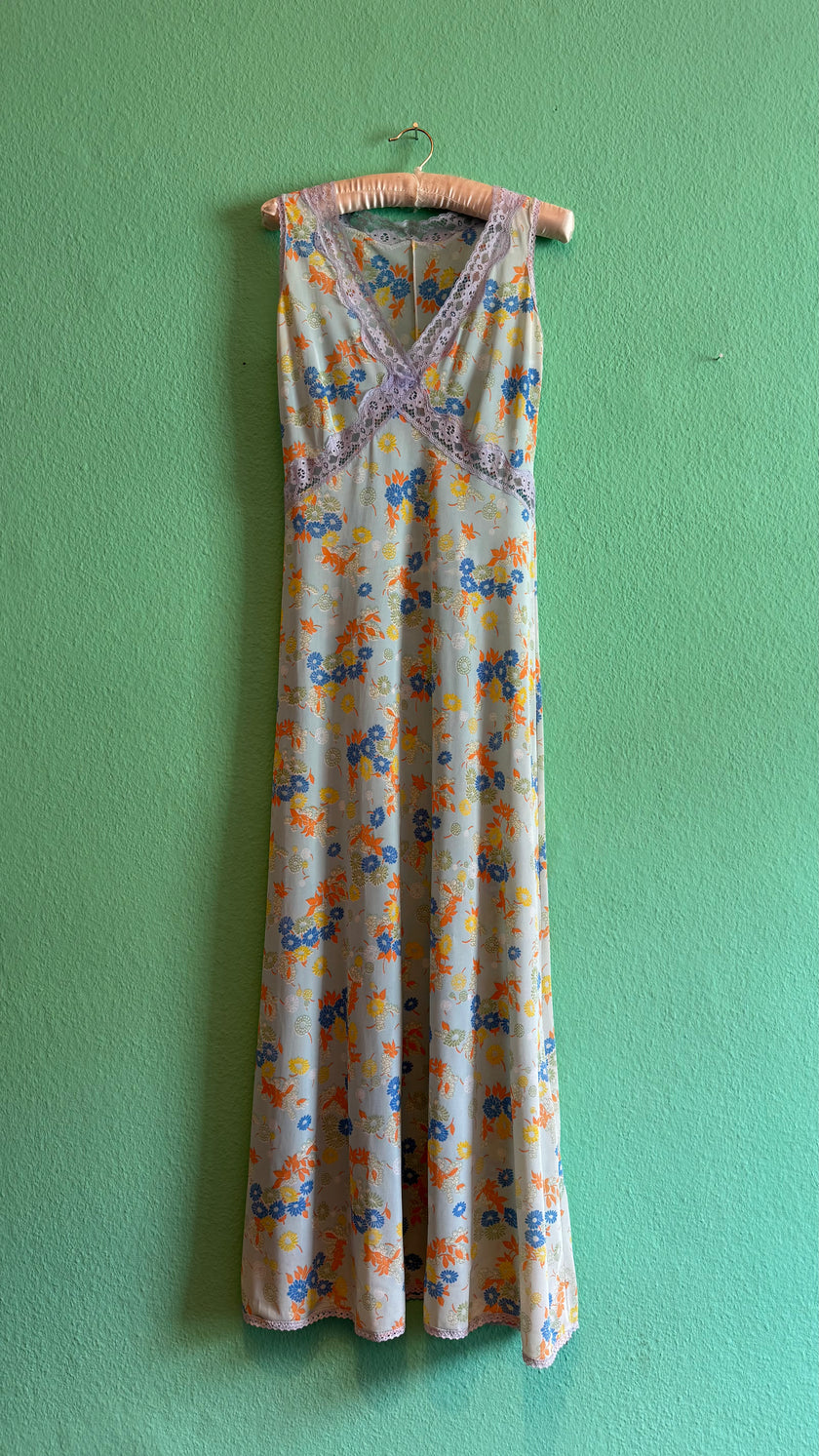 Vintage 1970s Pastel Floral Synthetic Dressing Gown