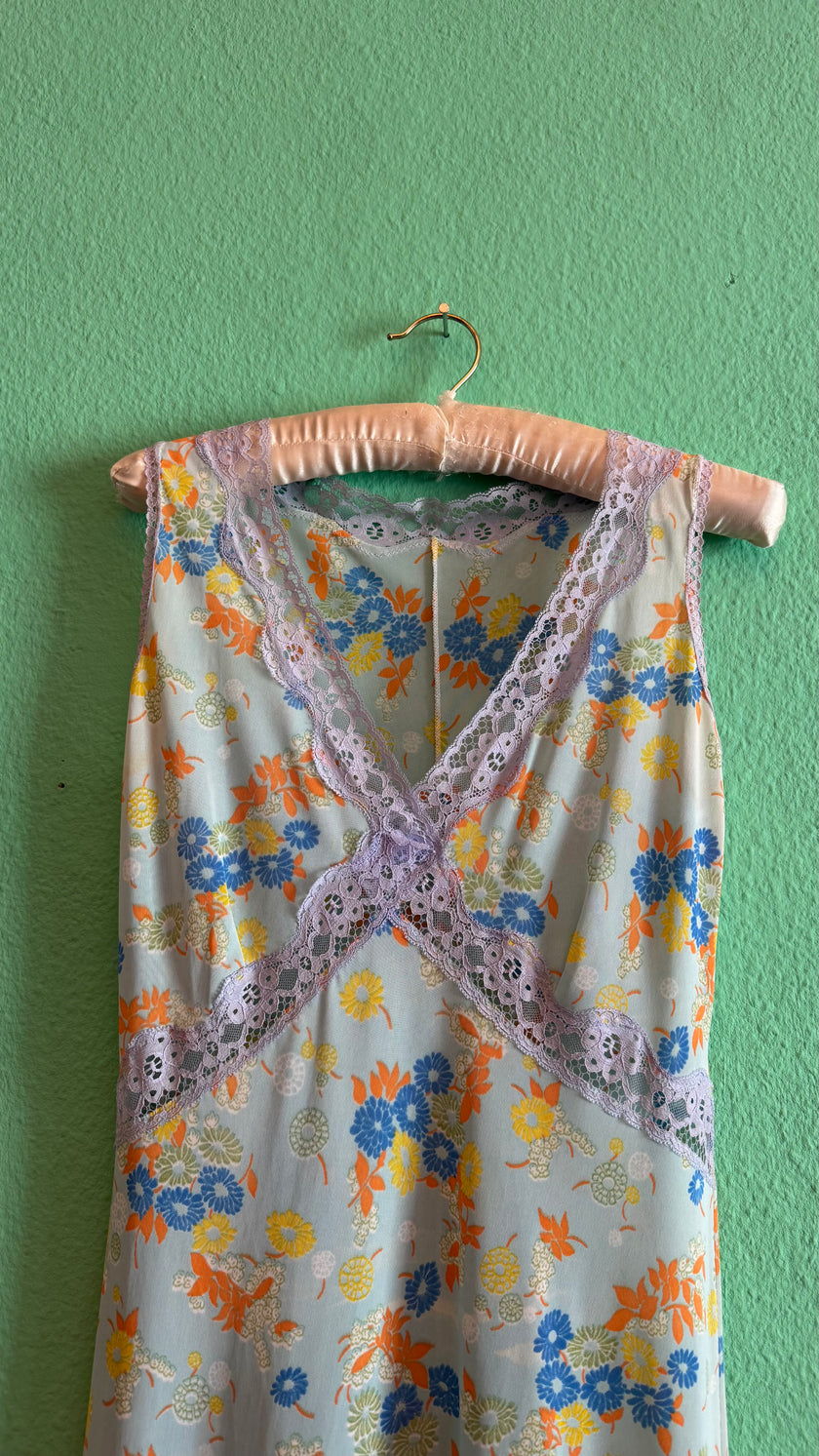 Vintage 1970s Pastel Floral Synthetic Dressing Gown
