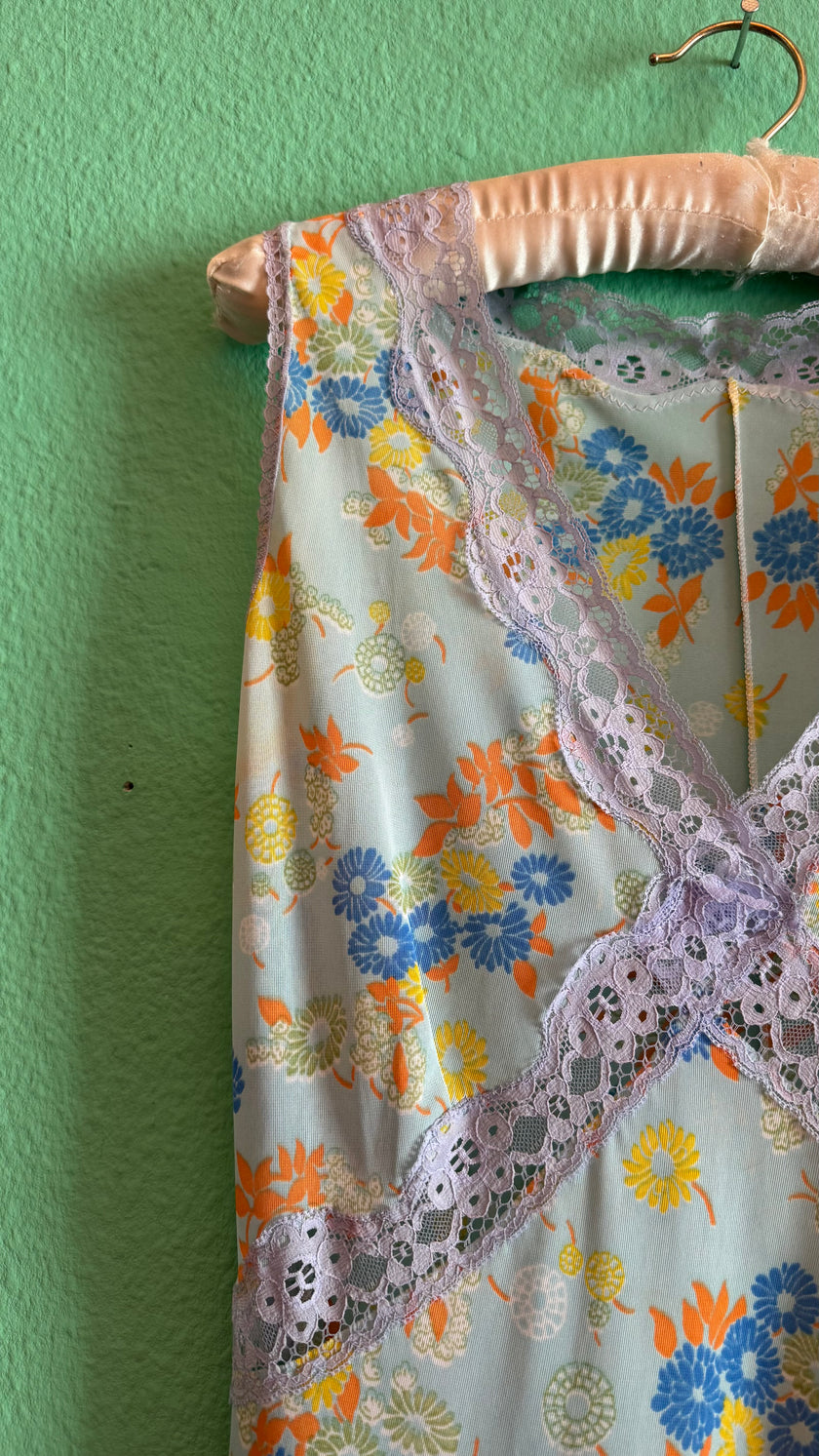 Vintage 1970s Pastel Floral Synthetic Dressing Gown