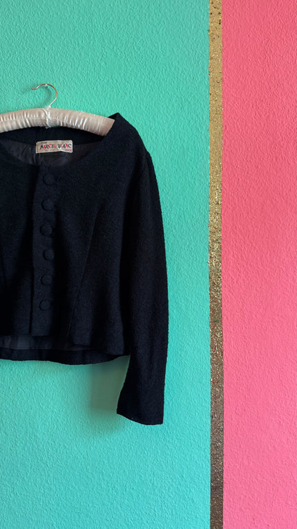 Vintage Estimated 1950s Black Wool Mix Jacket By Marcel Blanc Paris