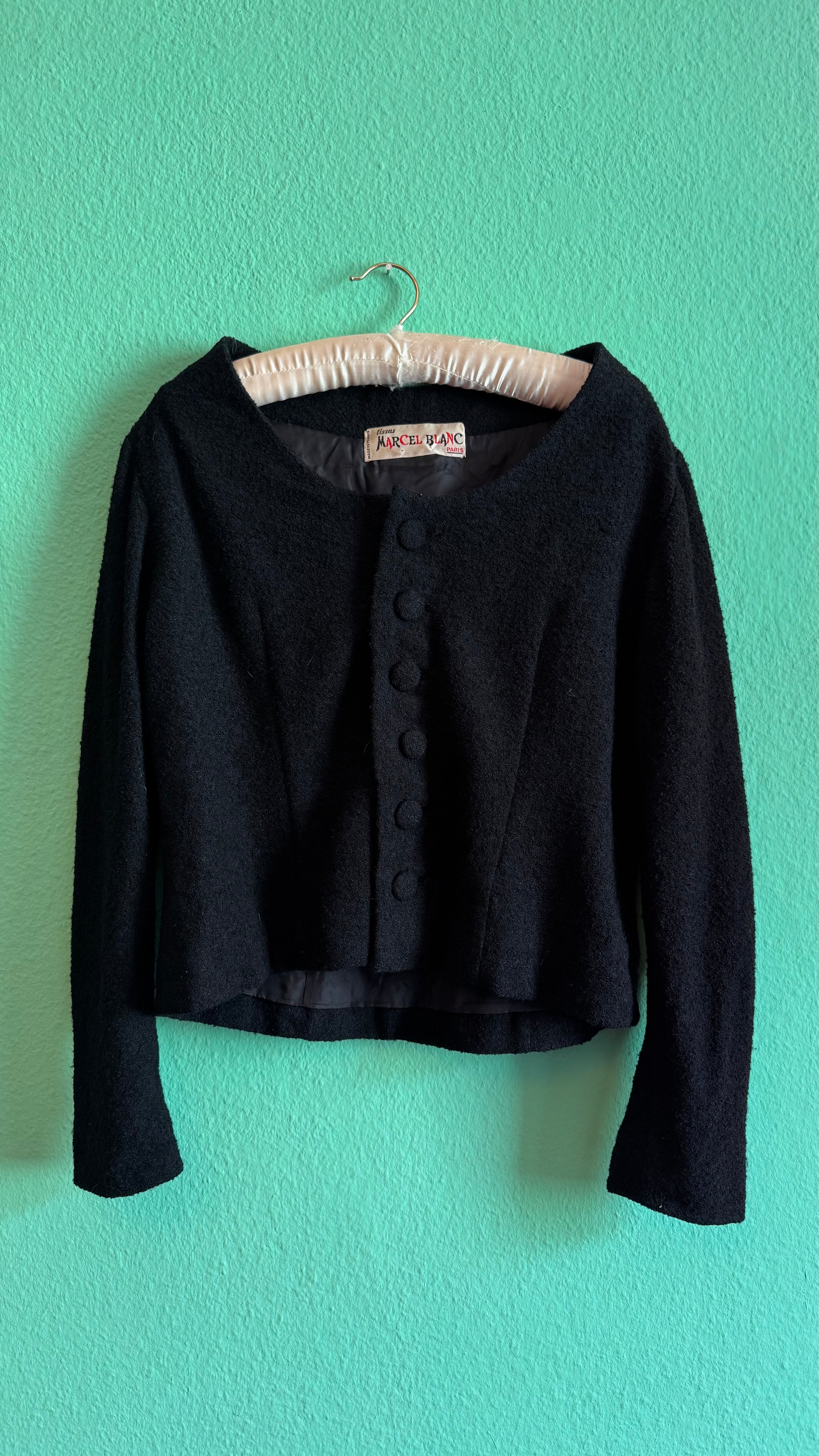 Vintage Estimated 1950s Black Wool Mix Jacket By Marcel Blanc Paris