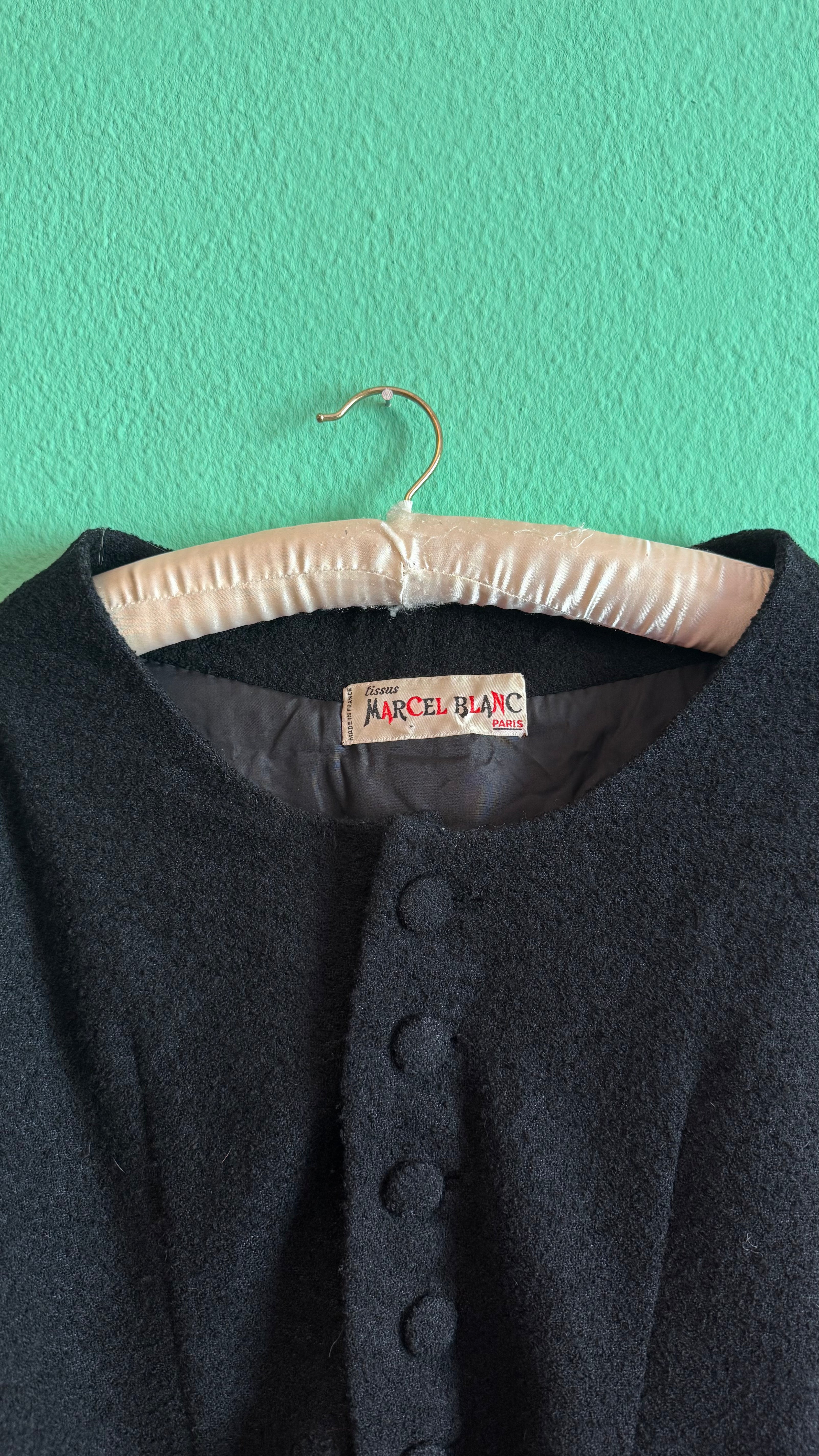 Vintage Estimated 1950s Black Wool Mix Jacket By Marcel Blanc Paris