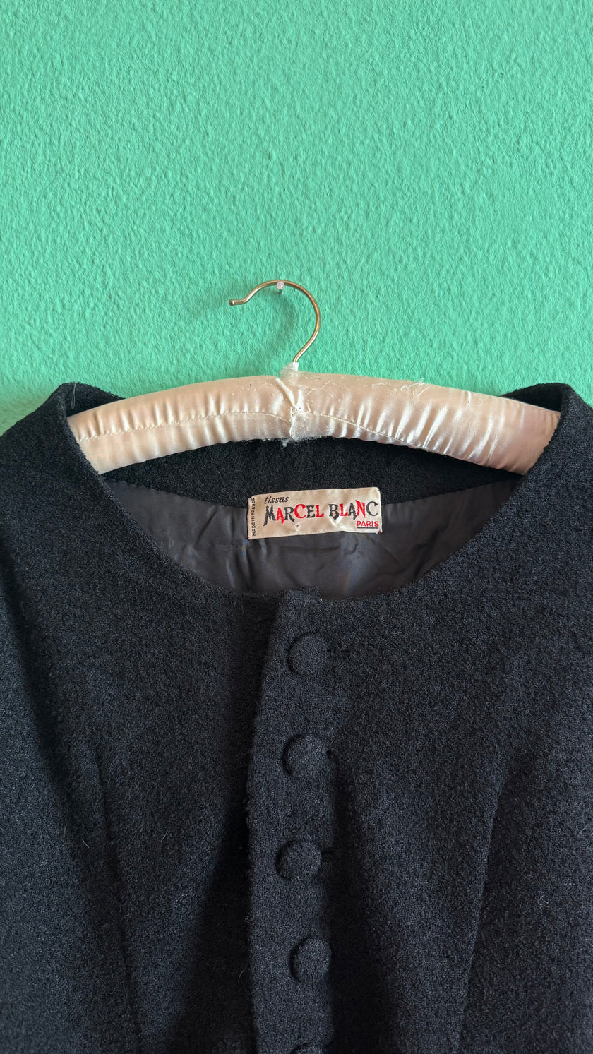 Vintage Estimated 1950s Black Wool Mix Jacket By Marcel Blanc Paris