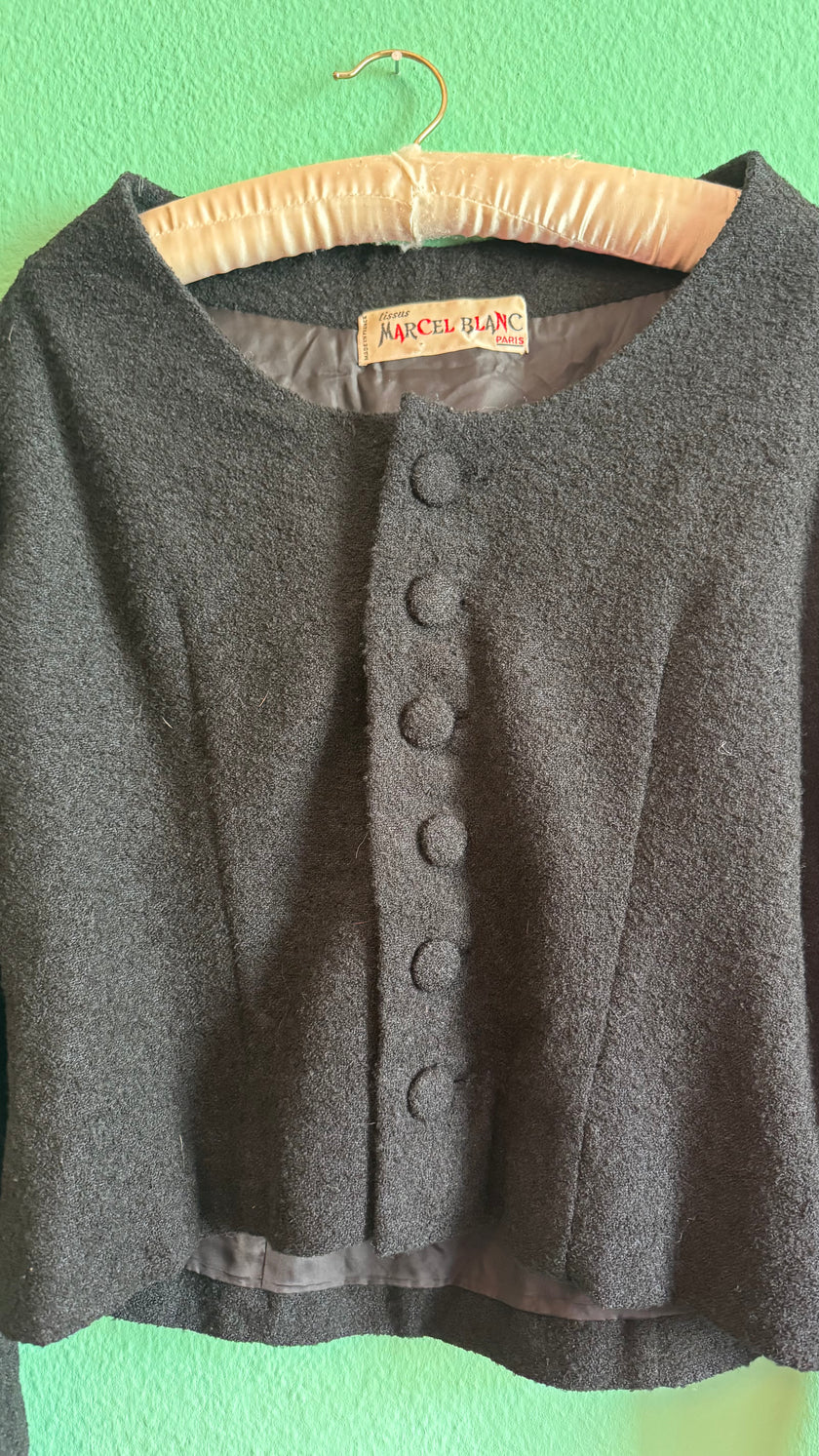 Vintage Estimated 1950s Black Wool Mix Jacket By Marcel Blanc Paris
