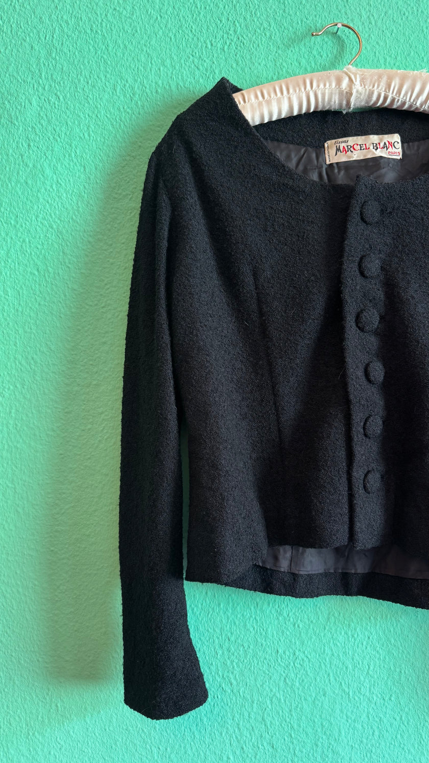 Vintage Estimated 1950s Black Wool Mix Jacket By Marcel Blanc Paris