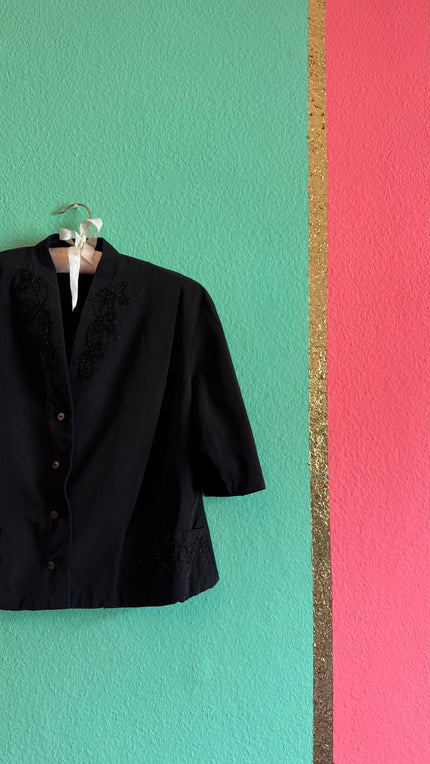 Vintage Estimated 1980s Black Beaded Synthetic Jacket