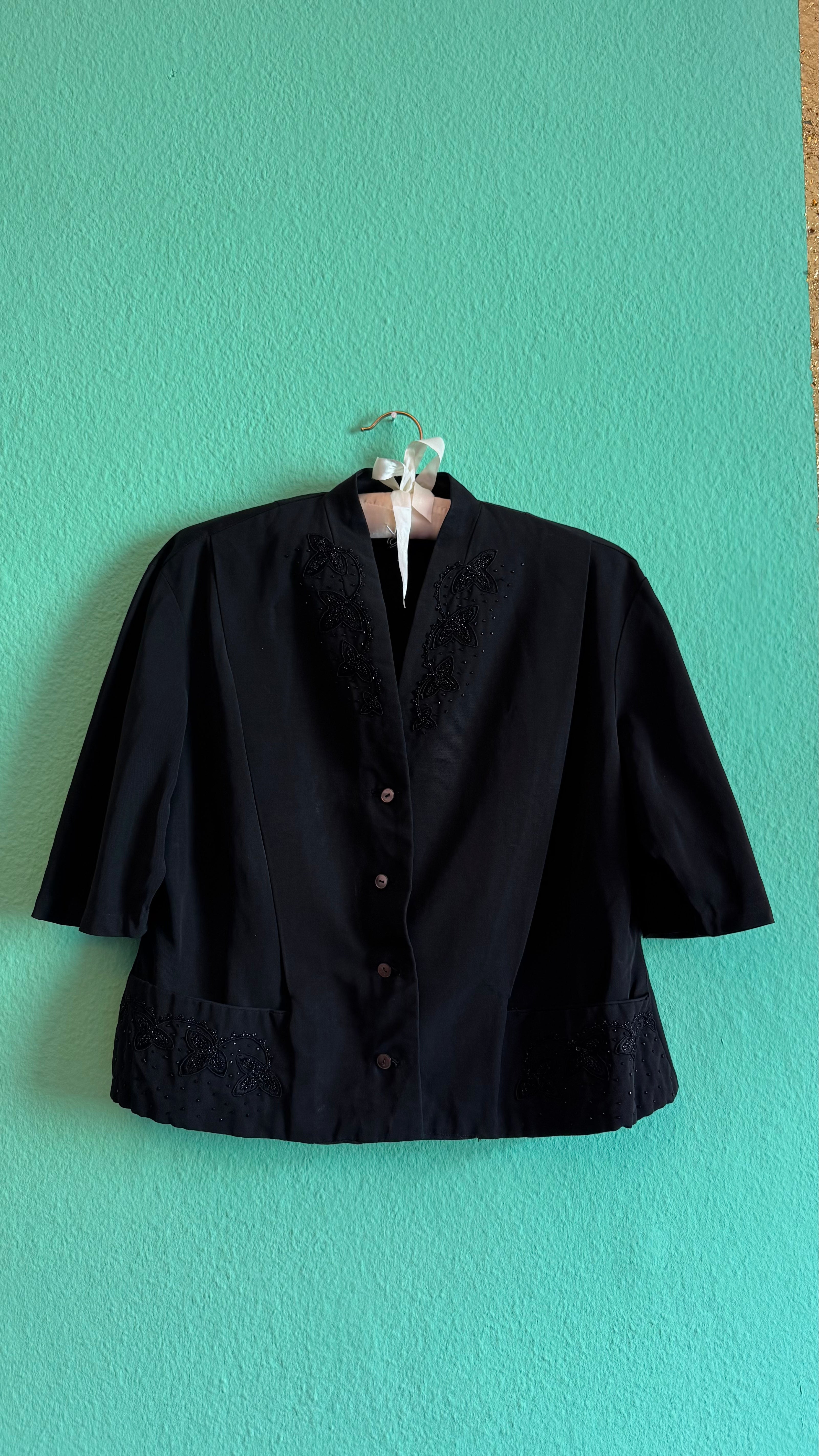 Vintage Estimated 1980s Black Beaded Synthetic Jacket