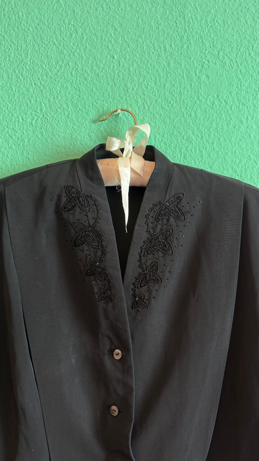 Vintage Estimated 1980s Black Beaded Synthetic Jacket