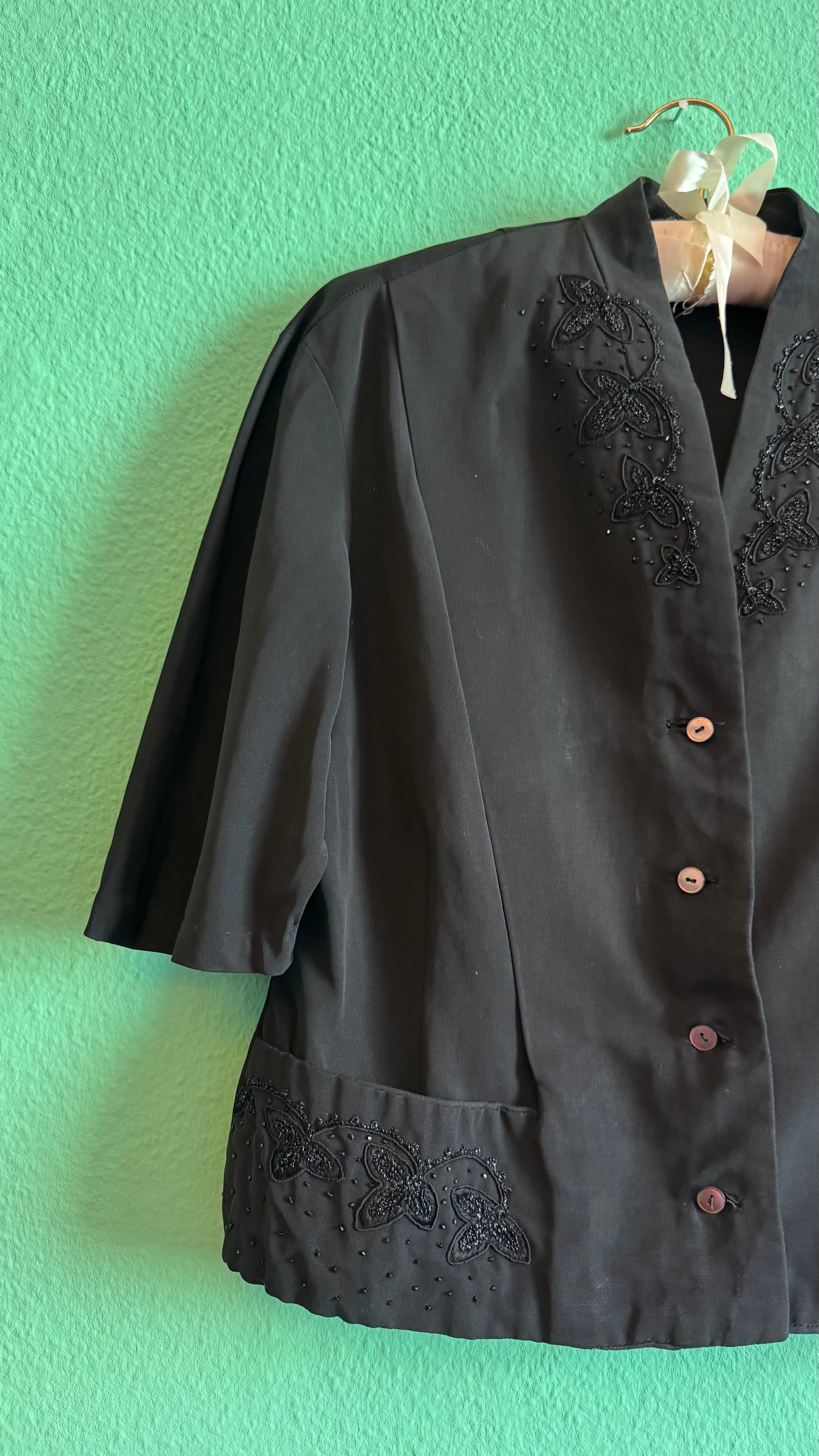 Vintage Estimated 1980s Black Beaded Synthetic Jacket