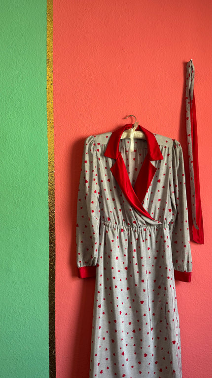 Vintage 1980s Heart Print Synthetic Nightgown With Belt