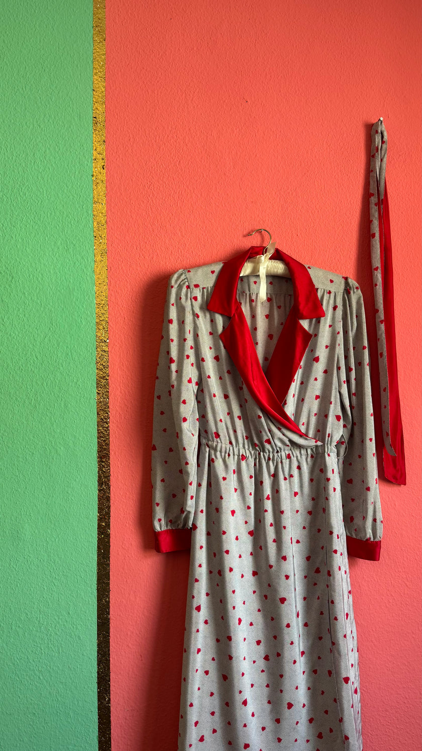 Vintage 1980s Heart Print Synthetic Nightgown With Belt