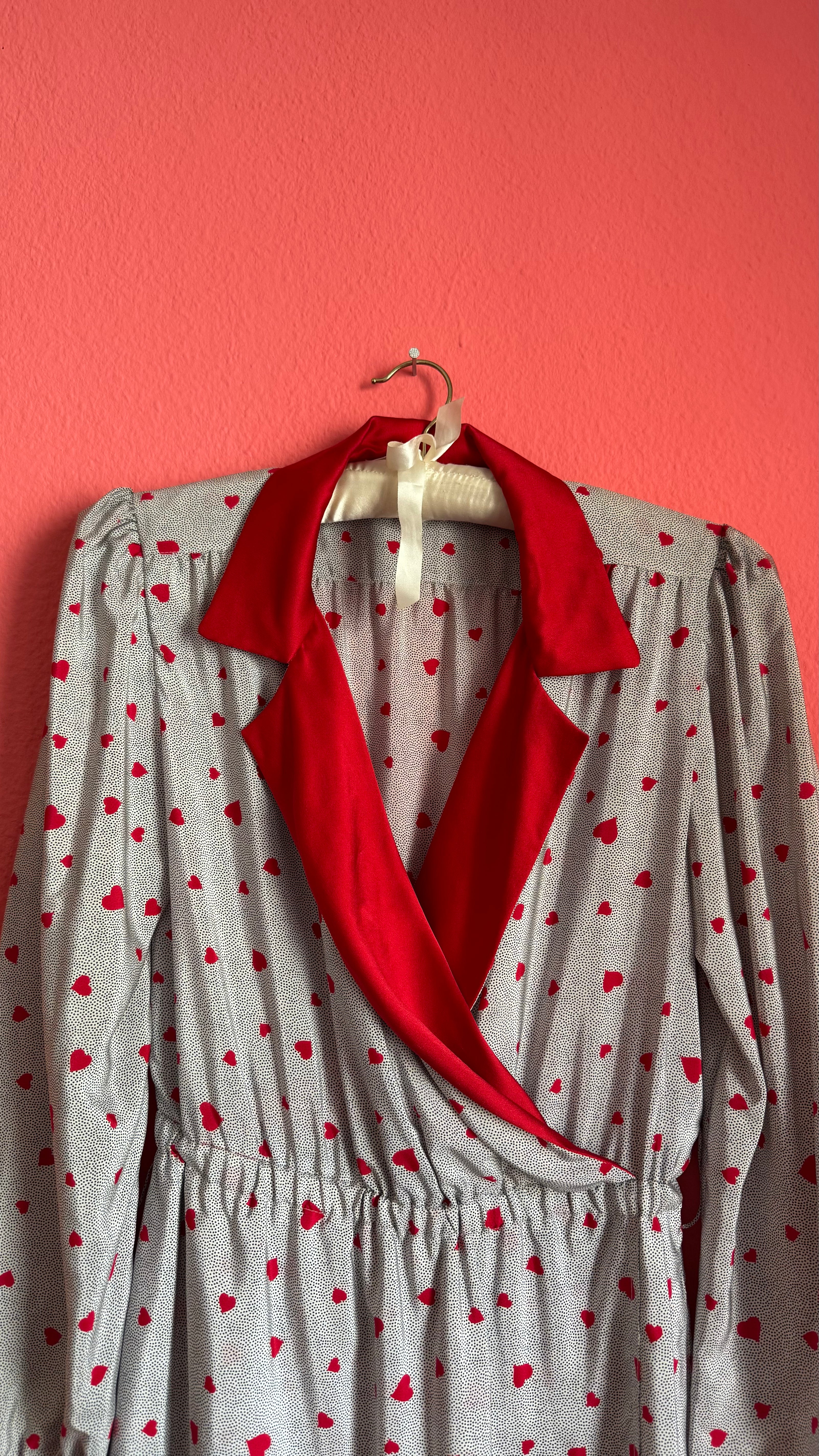 Vintage 1980s Heart Print Synthetic Nightgown With Belt