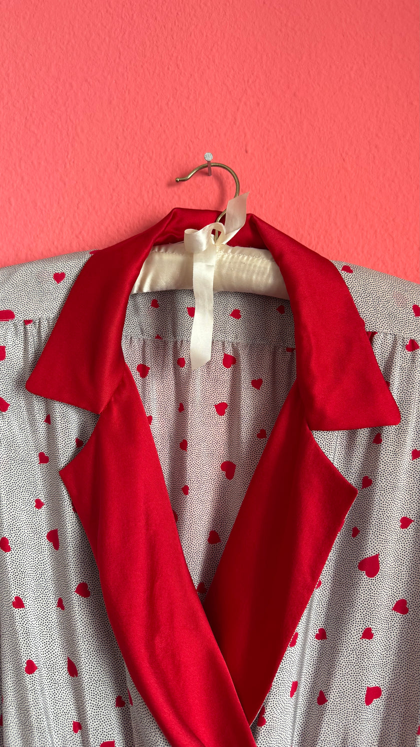 Vintage 1980s Heart Print Synthetic Nightgown With Belt