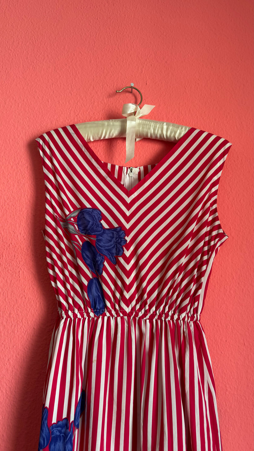 Vintage 1980s Red Striped Cotton Silk Dress
