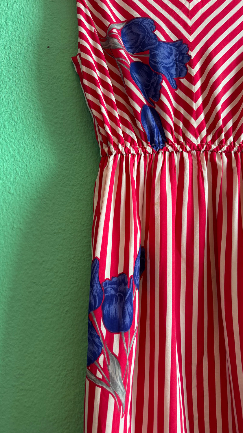 Vintage 1980s Red Striped Cotton Silk Dress