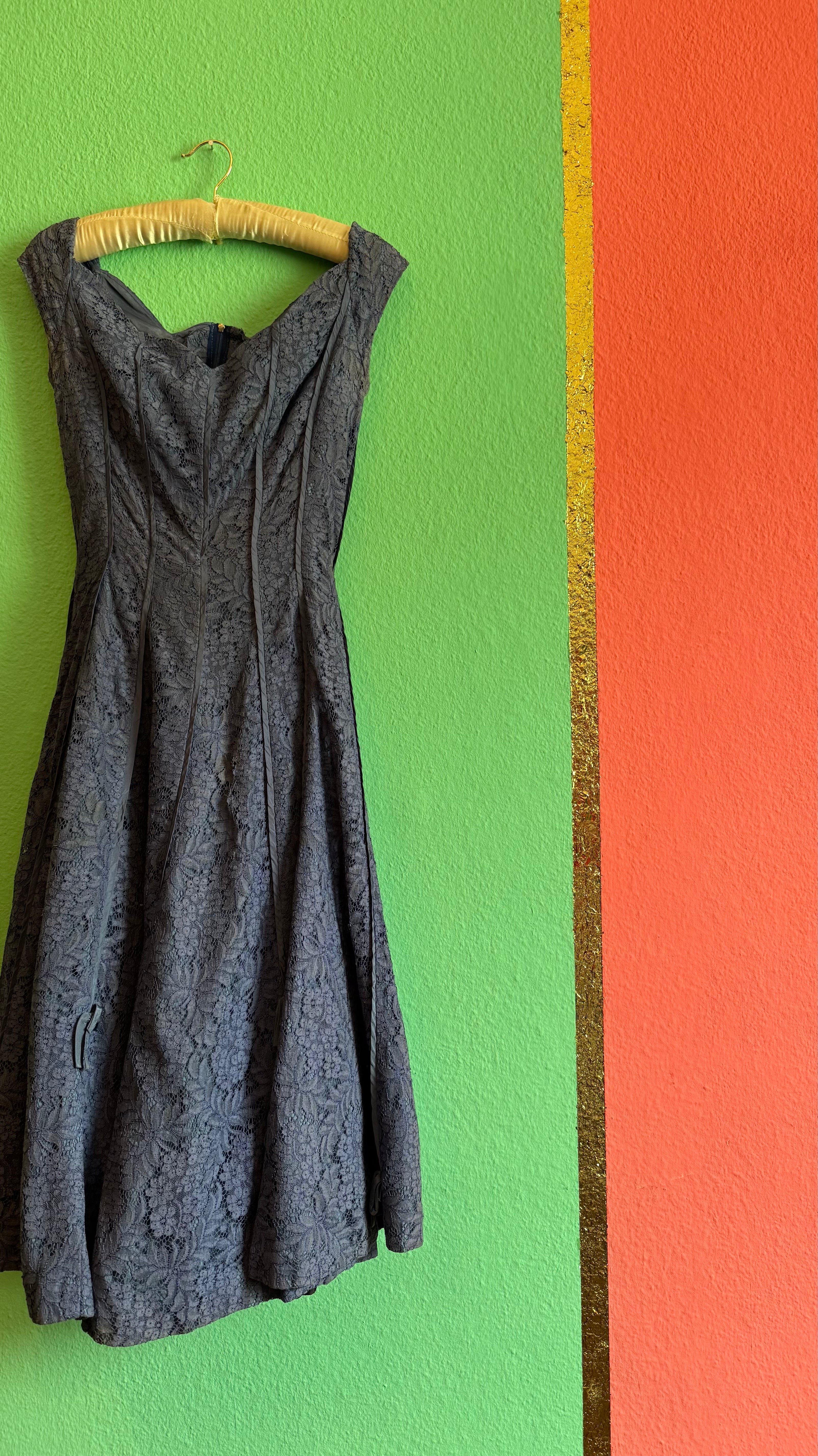 Vintage 1950s-Style Blue Cotton Floral Lace Dress