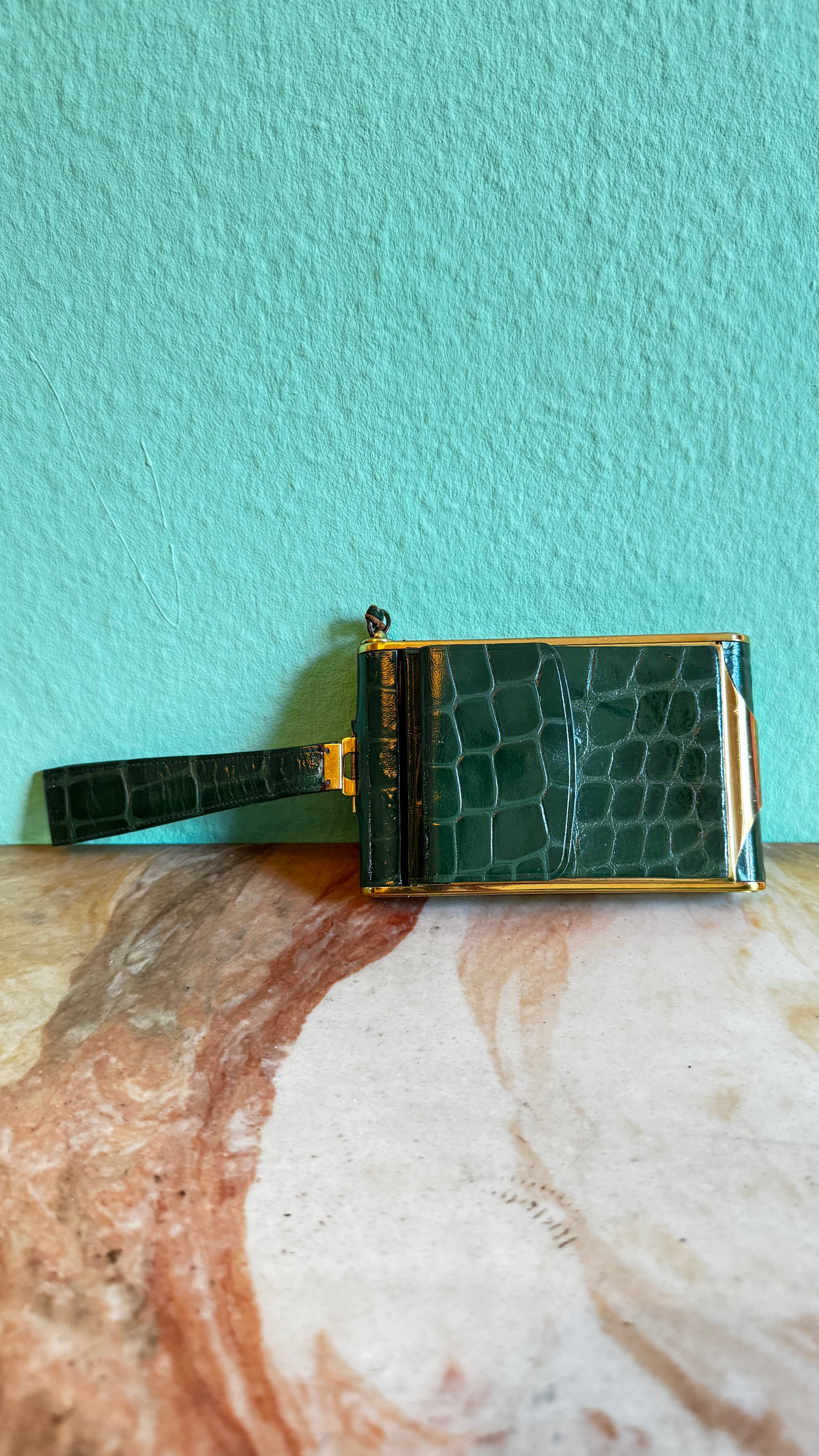 Vintage 1950s Emerald Green Croc-Embossed Vanity Bag With Gold-Tone Compact