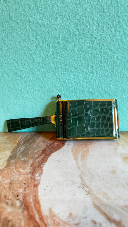 Vintage 1950s Emerald Green Croc-Embossed Vanity Bag With Gold-Tone Compact