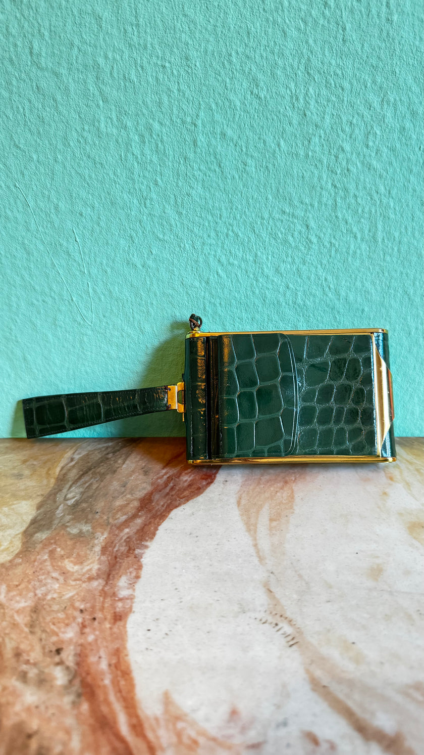 Vintage 1950s Emerald Green Croc-Embossed Vanity Bag With Gold-Tone Compact