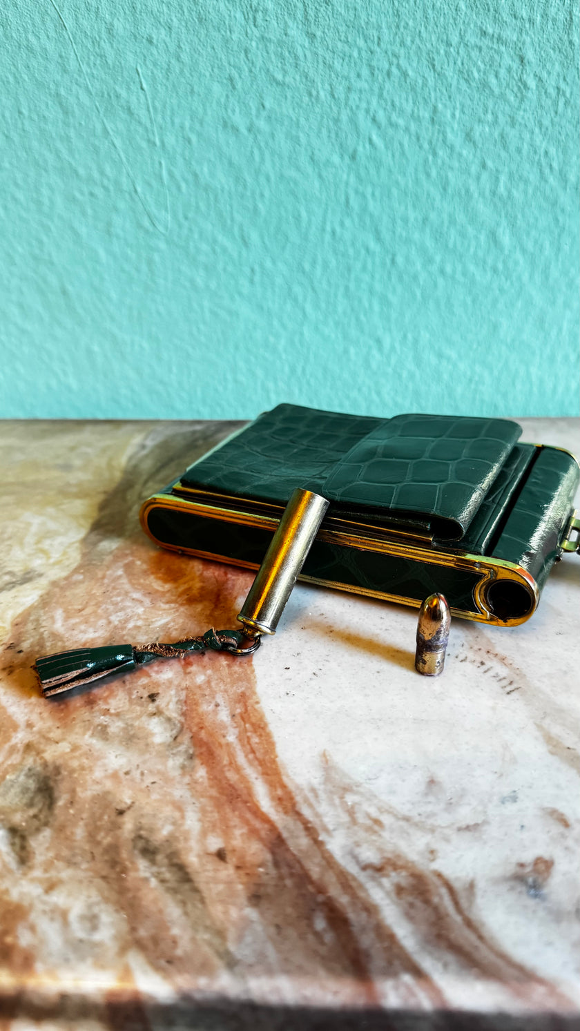 Vintage 1950s Emerald Green Croc-Embossed Vanity Bag With Gold-Tone Compact