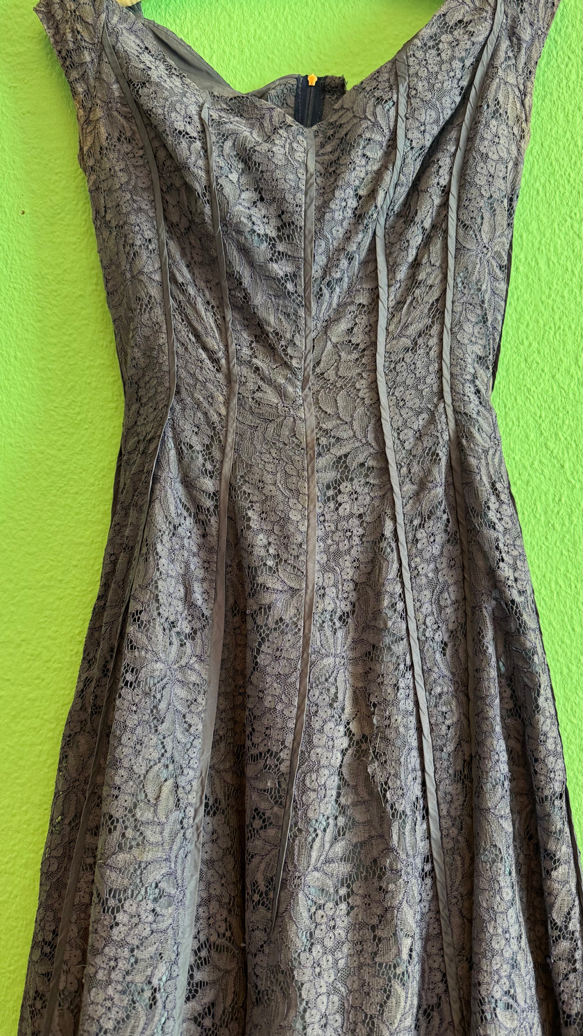Vintage 1950s-Style Blue Cotton Floral Lace Dress
