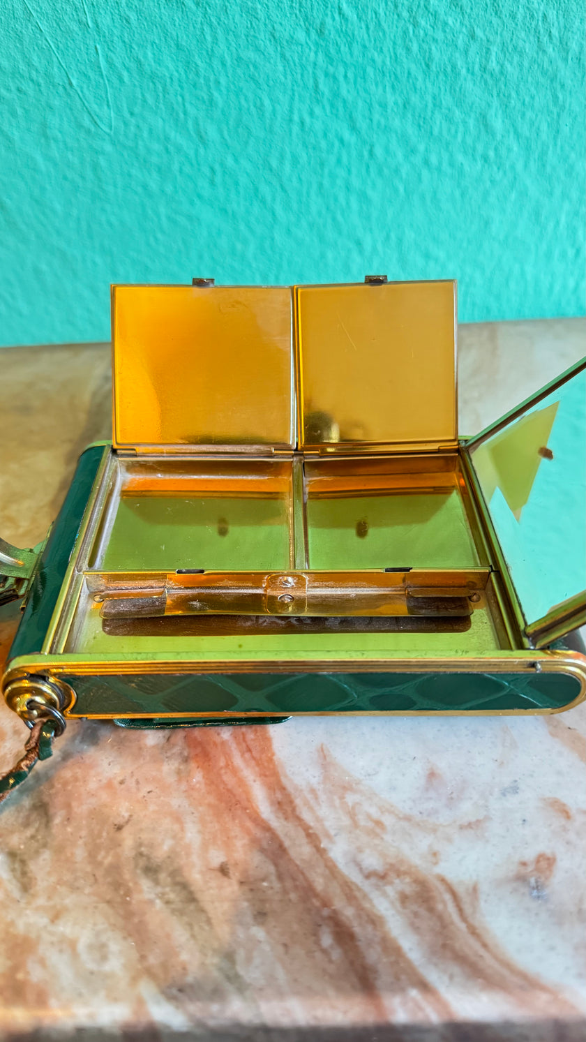 Vintage 1950s Emerald Green Croc-Embossed Vanity Bag With Gold-Tone Compact