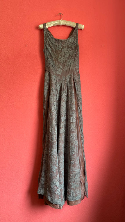 Vintage 1960s-Style Dusty Rose Floral Lace Evening Gown