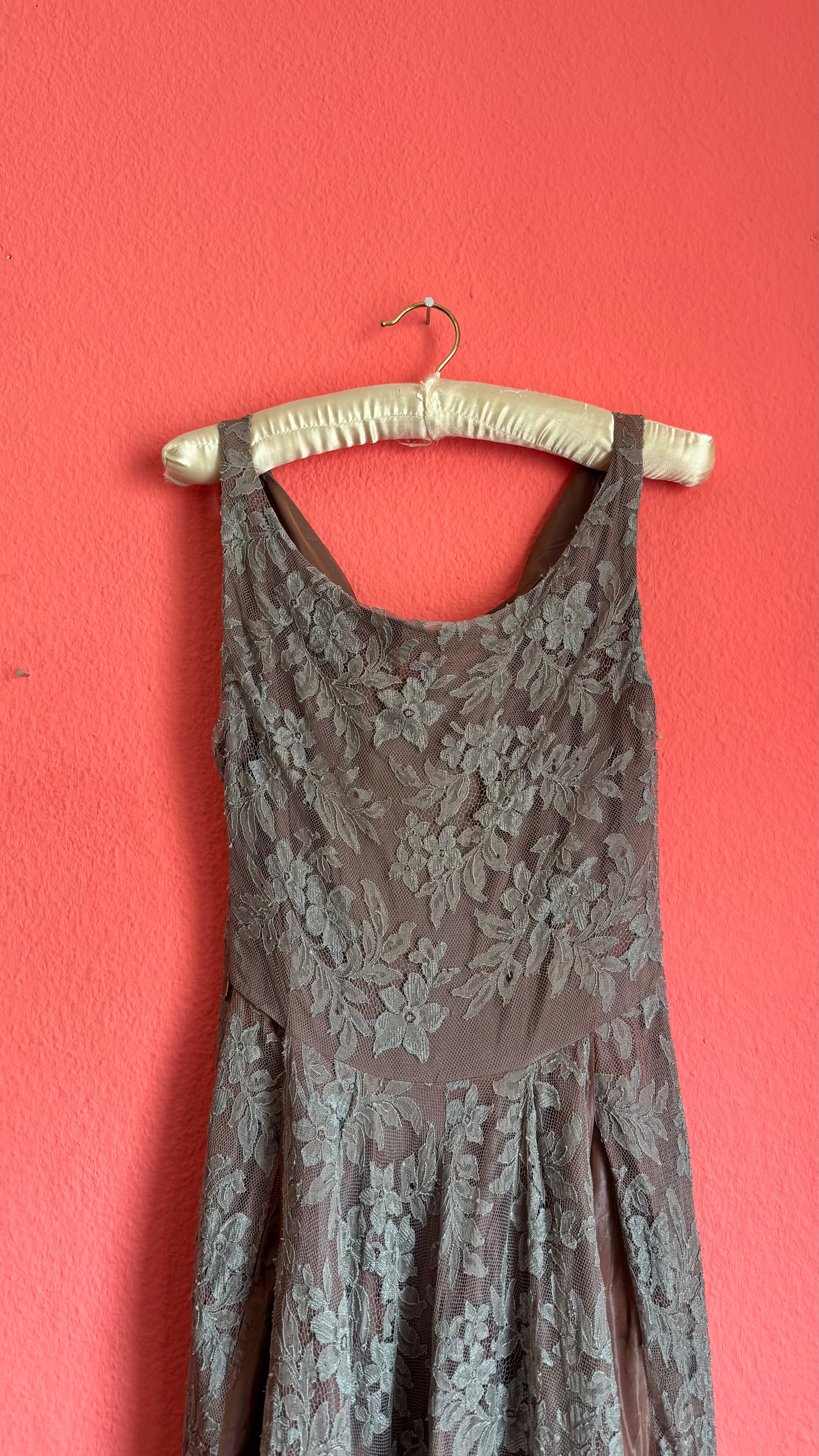 Vintage 1960s-Style Dusty Rose Floral Lace Evening Gown