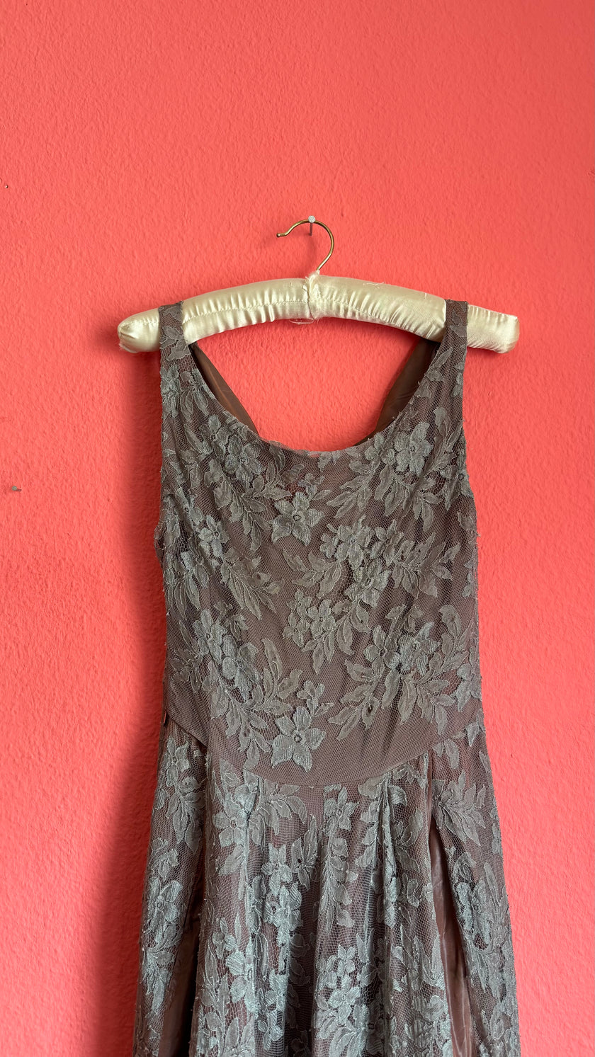 Vintage 1960s-Style Dusty Rose Floral Lace Evening Gown