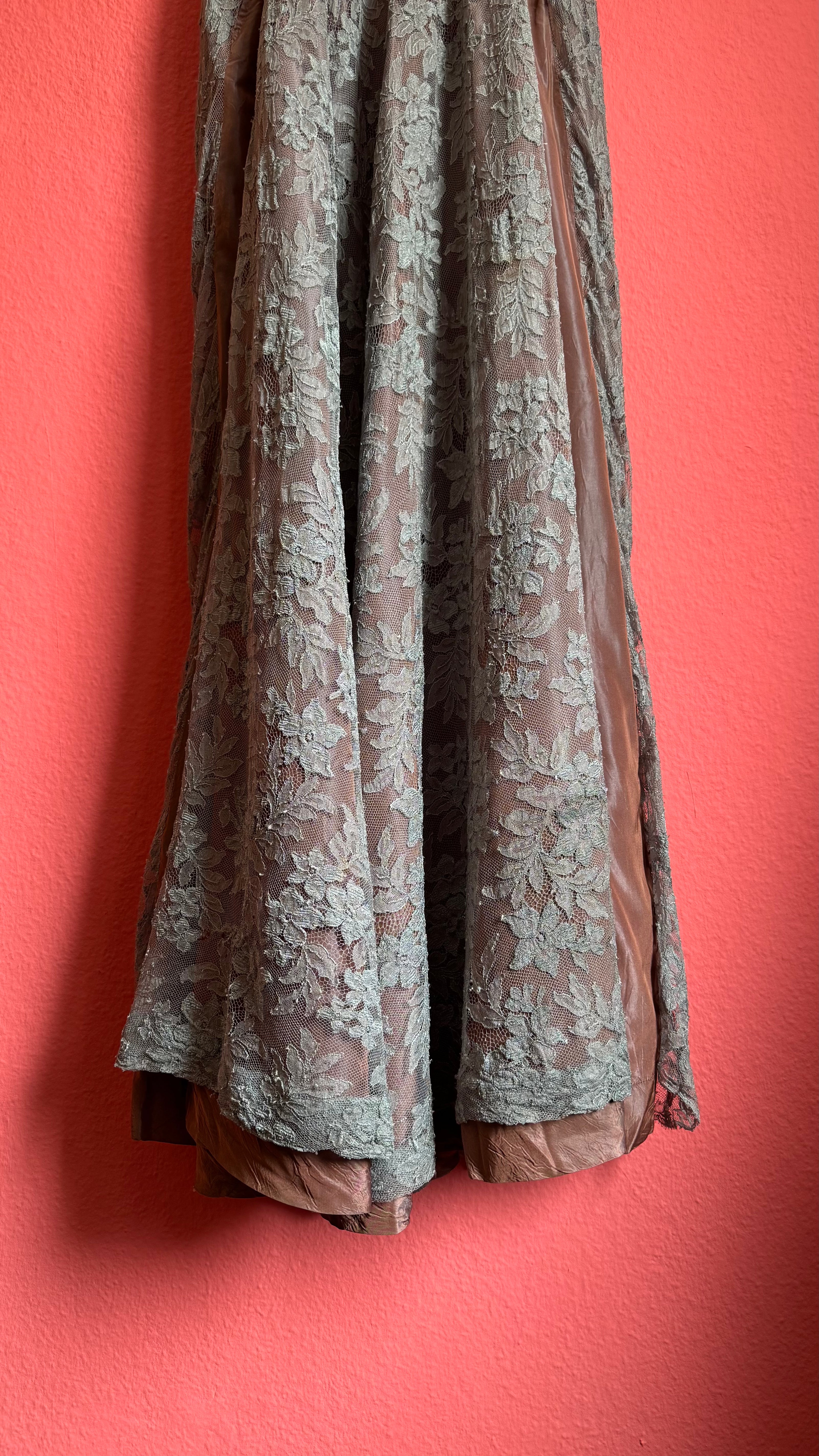 Vintage 1960s-Style Dusty Rose Floral Lace Evening Gown