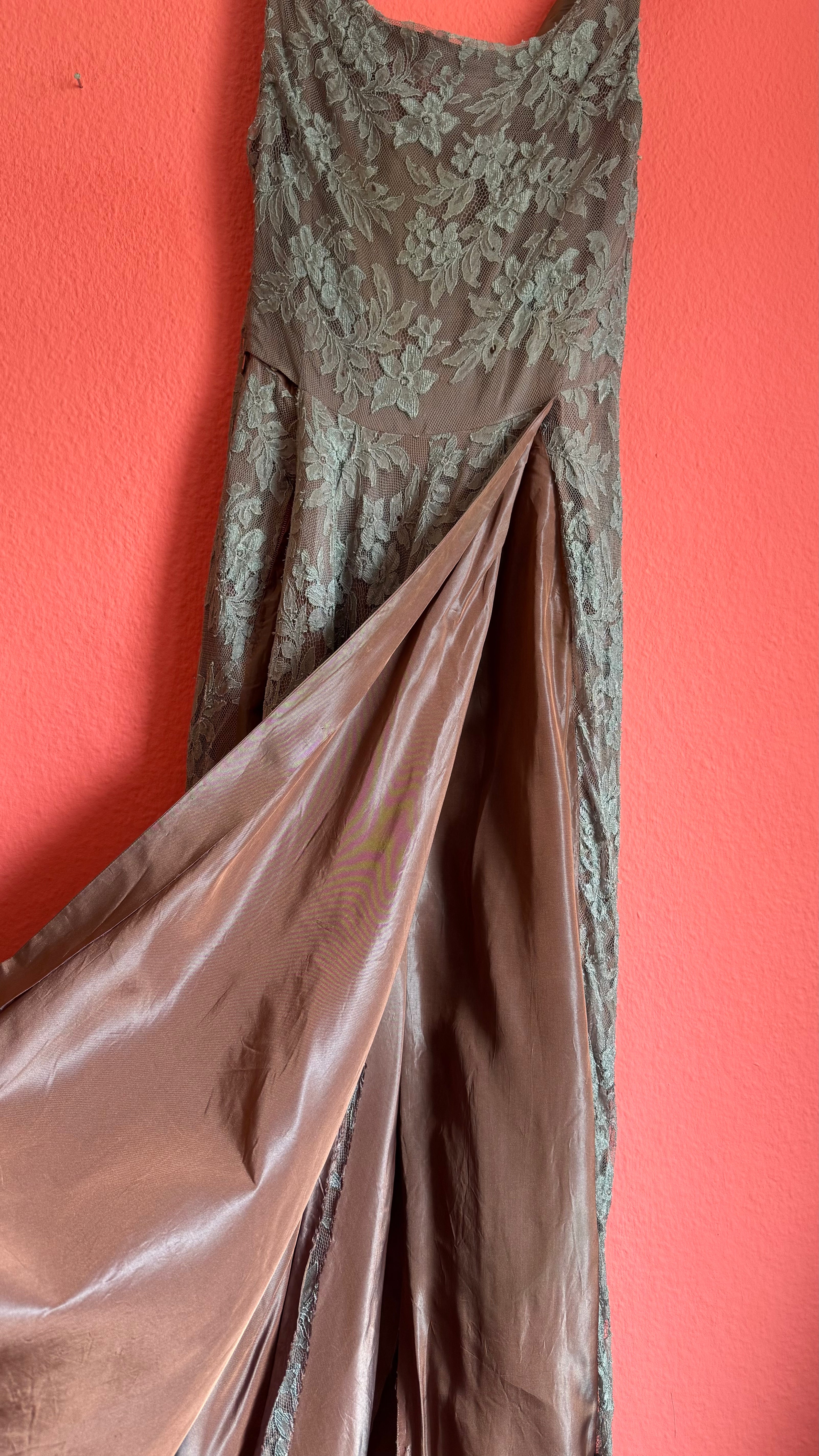 Vintage 1960s-Style Dusty Rose Floral Lace Evening Gown