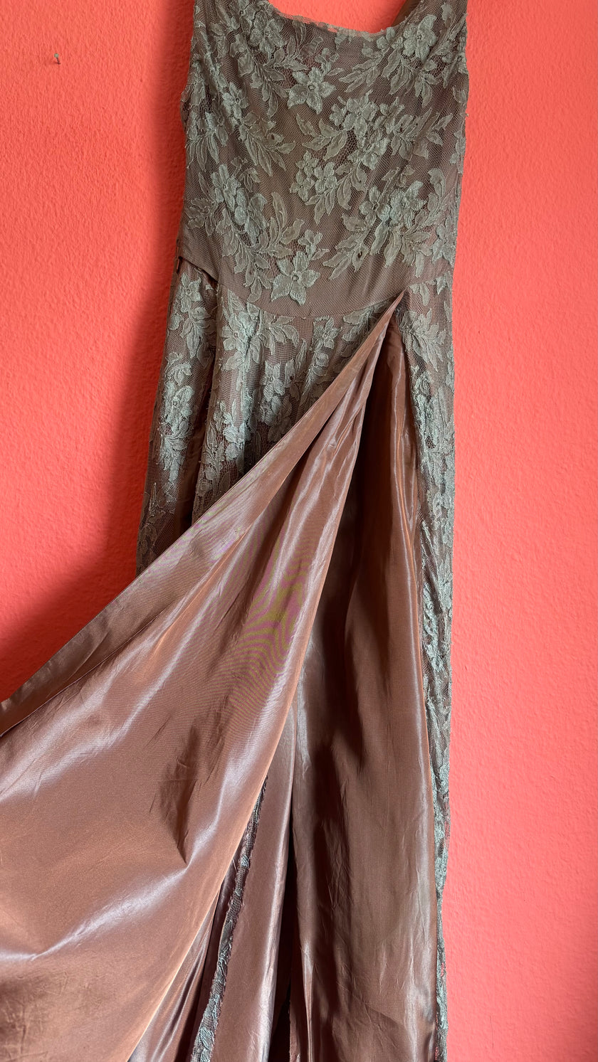 Vintage 1960s-Style Dusty Rose Floral Lace Evening Gown