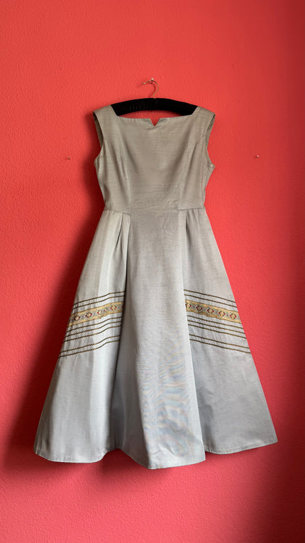 Vintage 1950s Silver Grey Silk Rep Dress with Gold Lurex Trim