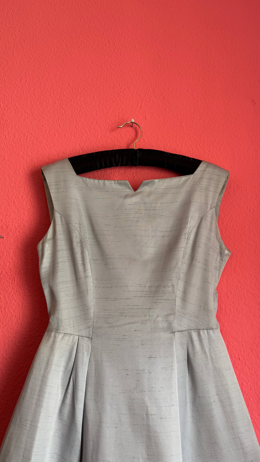 Vintage 1950s Silver Grey Silk Rep Dress with Gold Lurex Trim