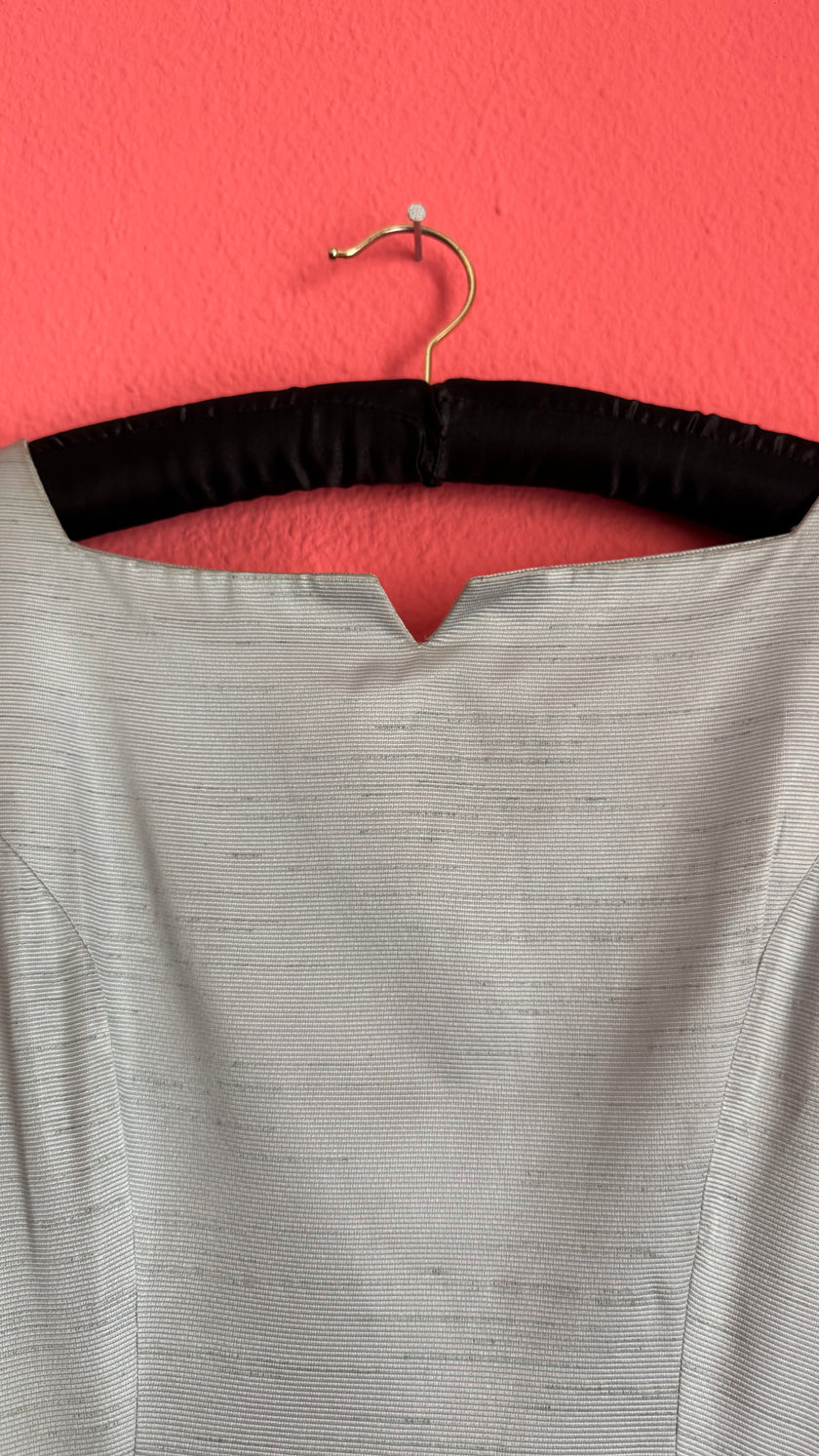 Vintage 1950s Silver Grey Silk Rep Dress with Gold Lurex Trim